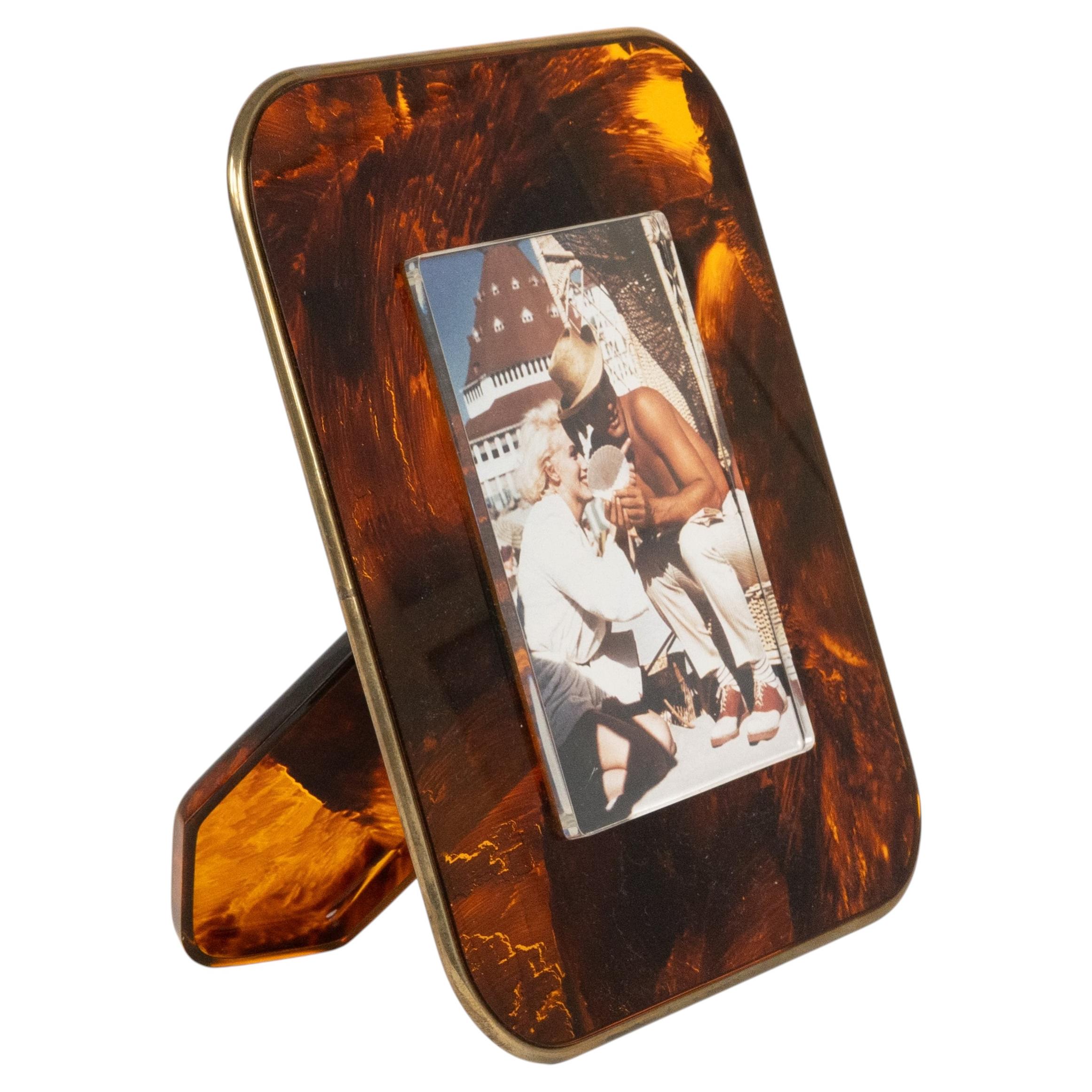 Picture Frame in Lucite Tortoiseshell & Brass Christian Dior Style, Italy 1970s