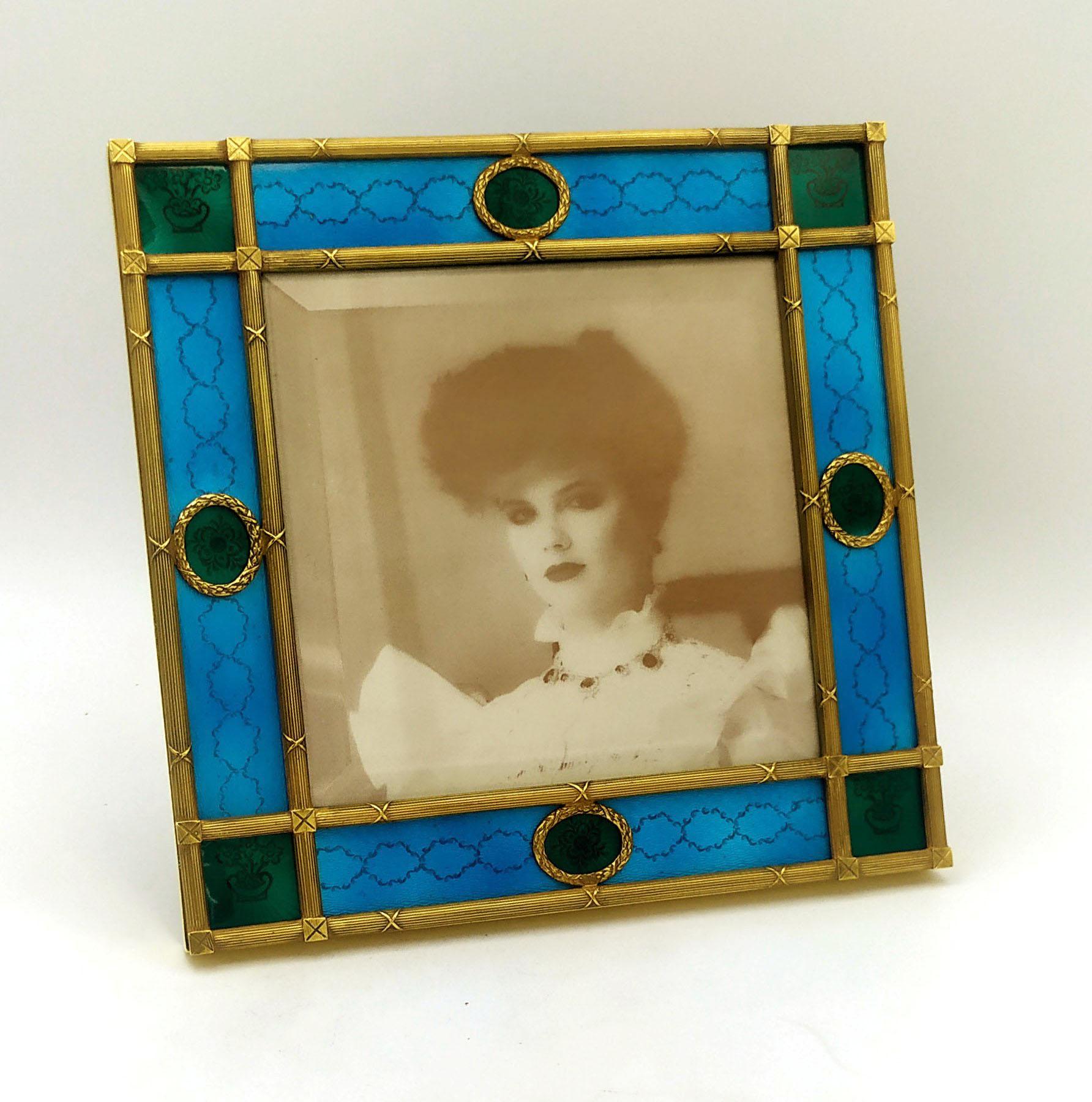 Gold Plate Picture Frame Louis XVI Green and sky blue, French Empire style Sterling Silver  For Sale