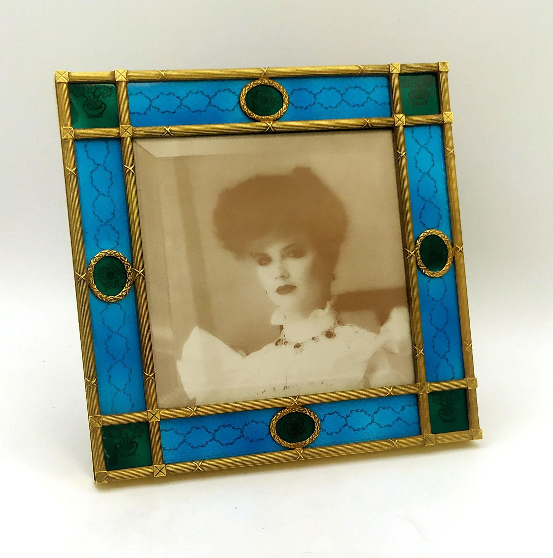 Gold Plate Picture Frame Louis XVI Green and sky blue, French Empire style Sterling Silver For Sale