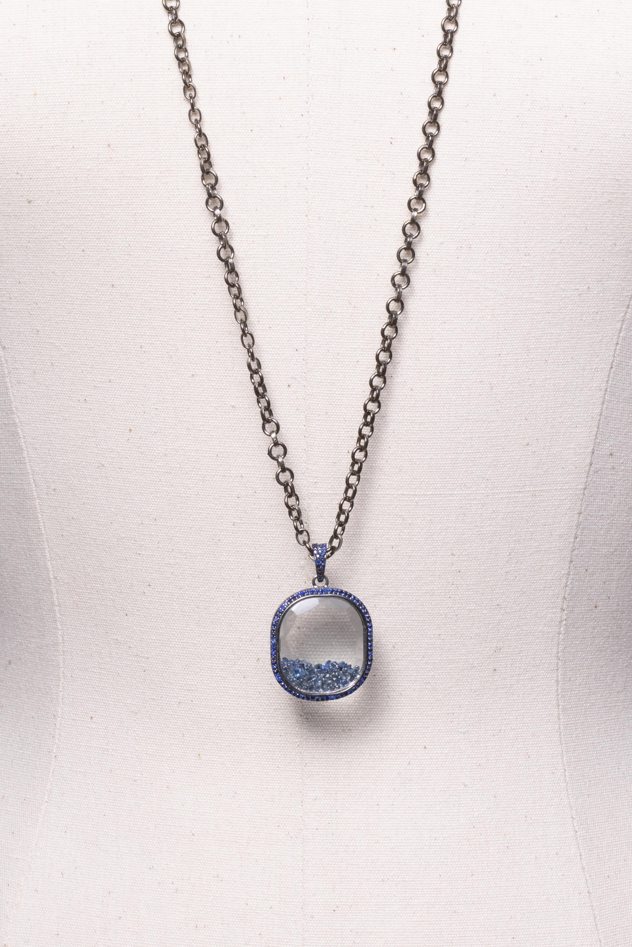Round Cut Picture Frame Pendant Necklace with Sapphires For Sale