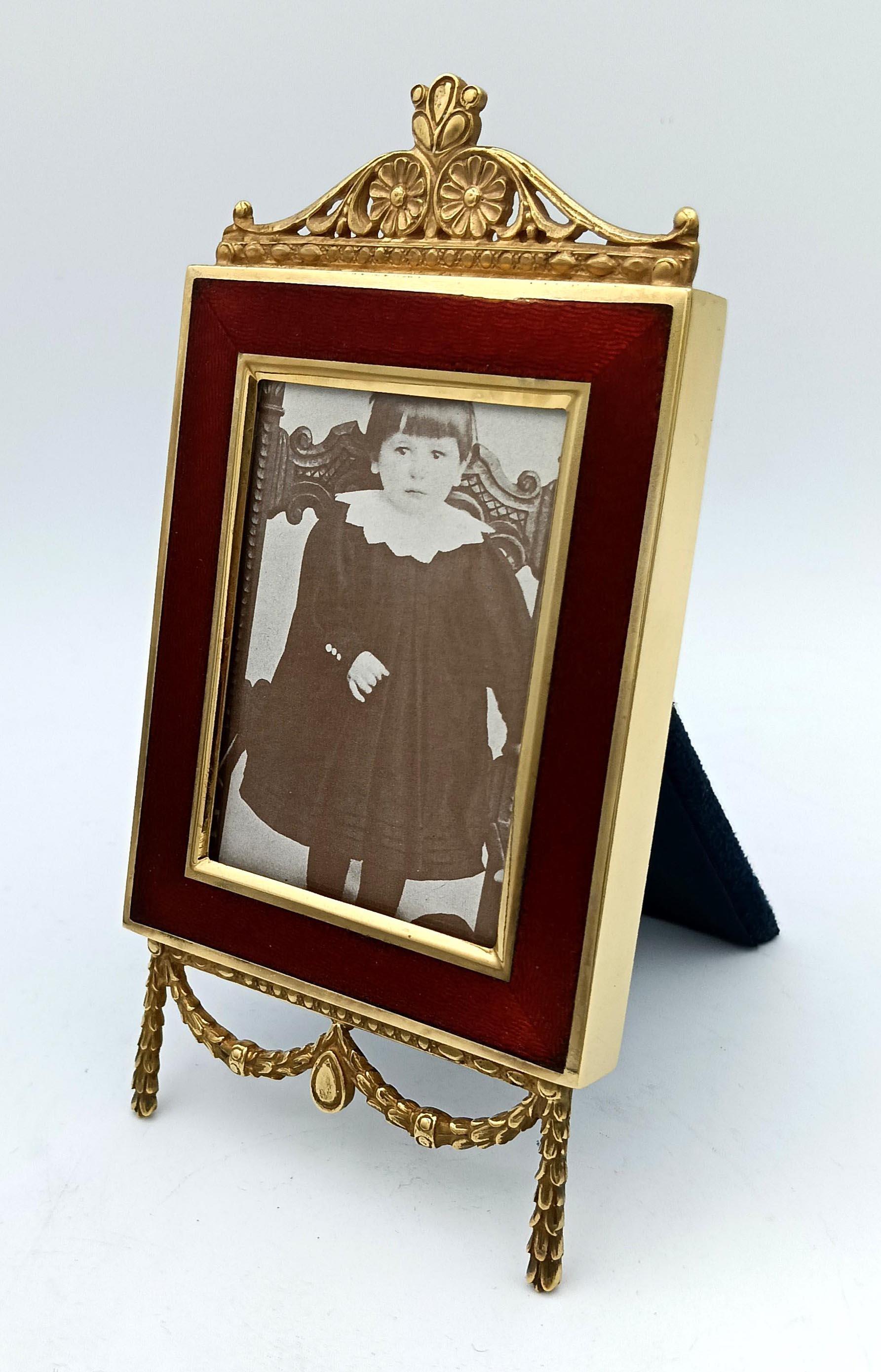 Gold Plate Picture frame Red Empire style ornaments Enamel Sterling Silver Salimbeni For Sale