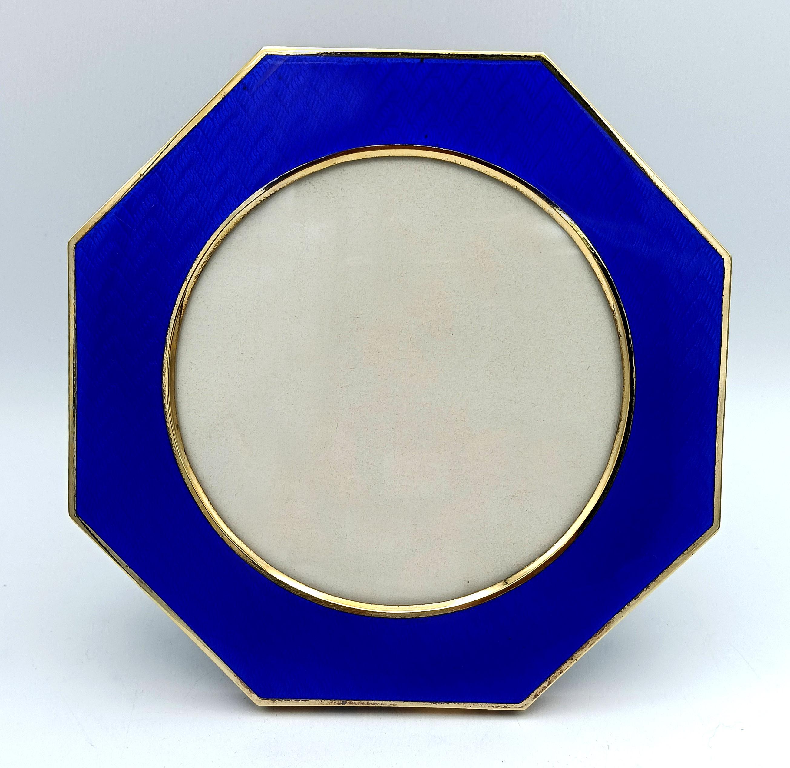 Hand-Carved Picture Frame Silver Octagonal Blue Enamel modern contemporary style Salimbeni For Sale