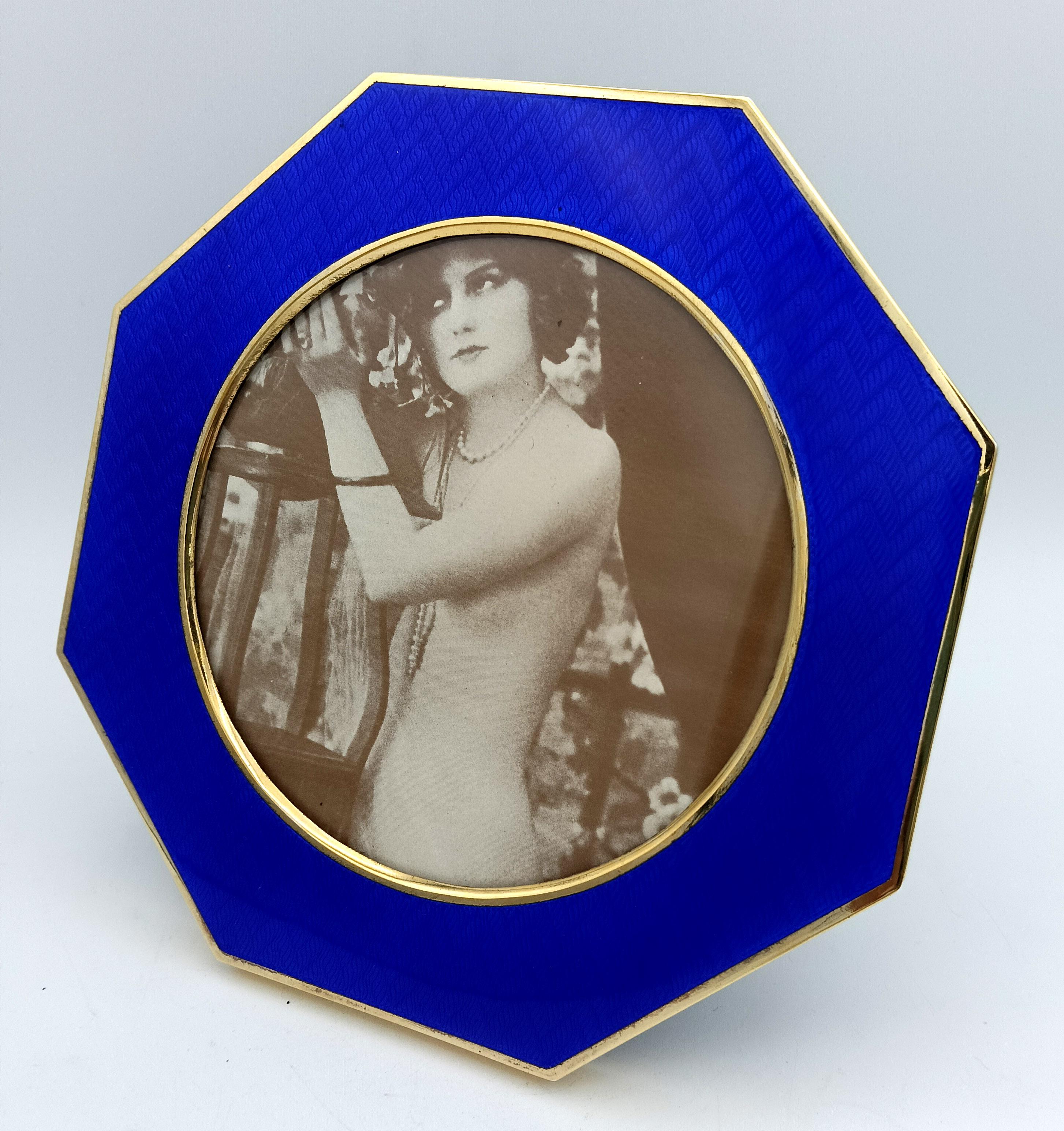 Late 20th Century Picture Frame Silver Octagonal Blue Enamel modern contemporary style Salimbeni For Sale