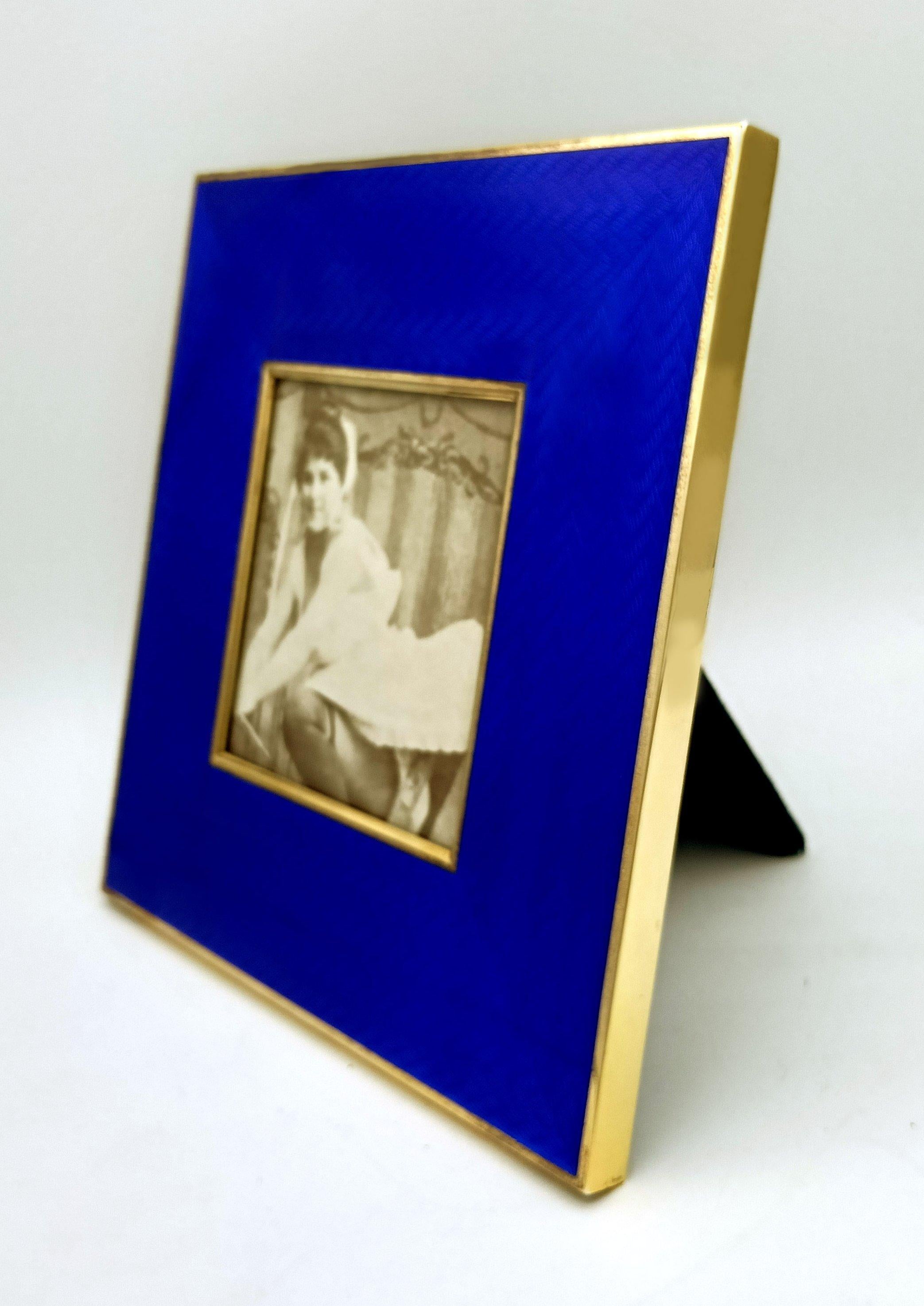 Hand-Carved Picture Frame Silver Squared Blue Enamel modern contemporary style Salimbeni For Sale