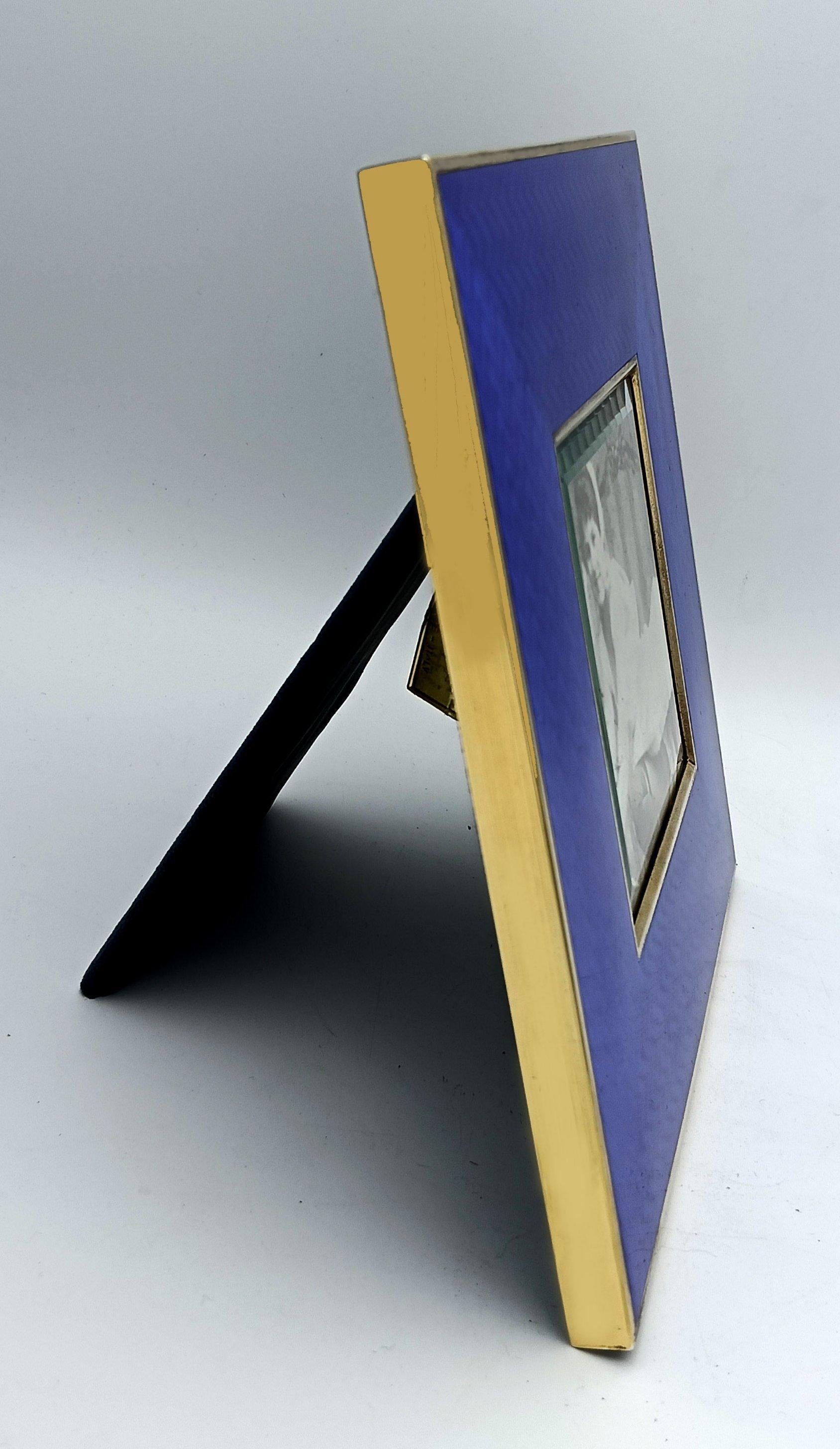 Gold Plate Picture Frame Silver Squared Blue Enamel modern contemporary style Salimbeni For Sale