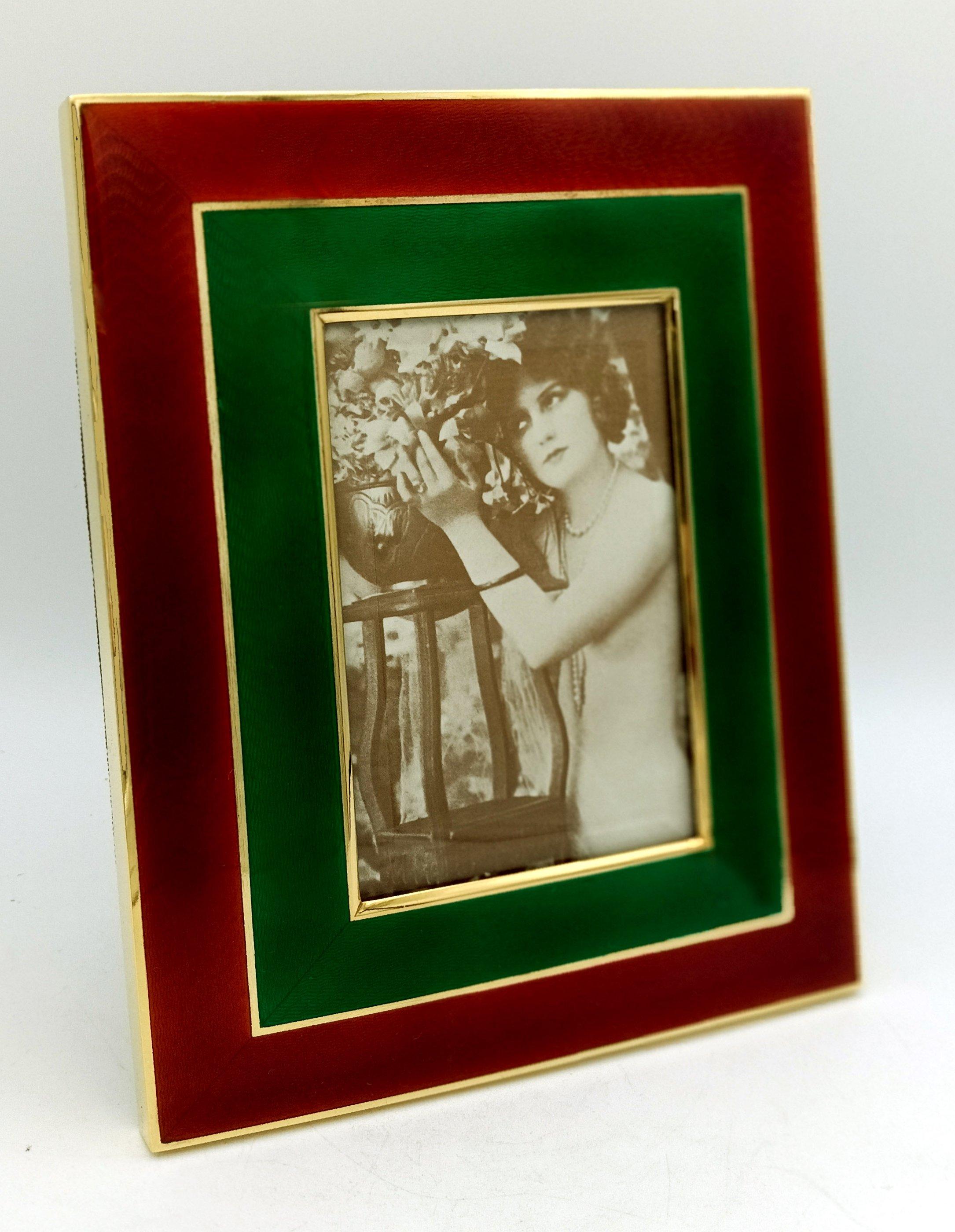 International Style Picture Frame Silver Sterling Enameled on guilloche Red and Green Salimbeni For Sale