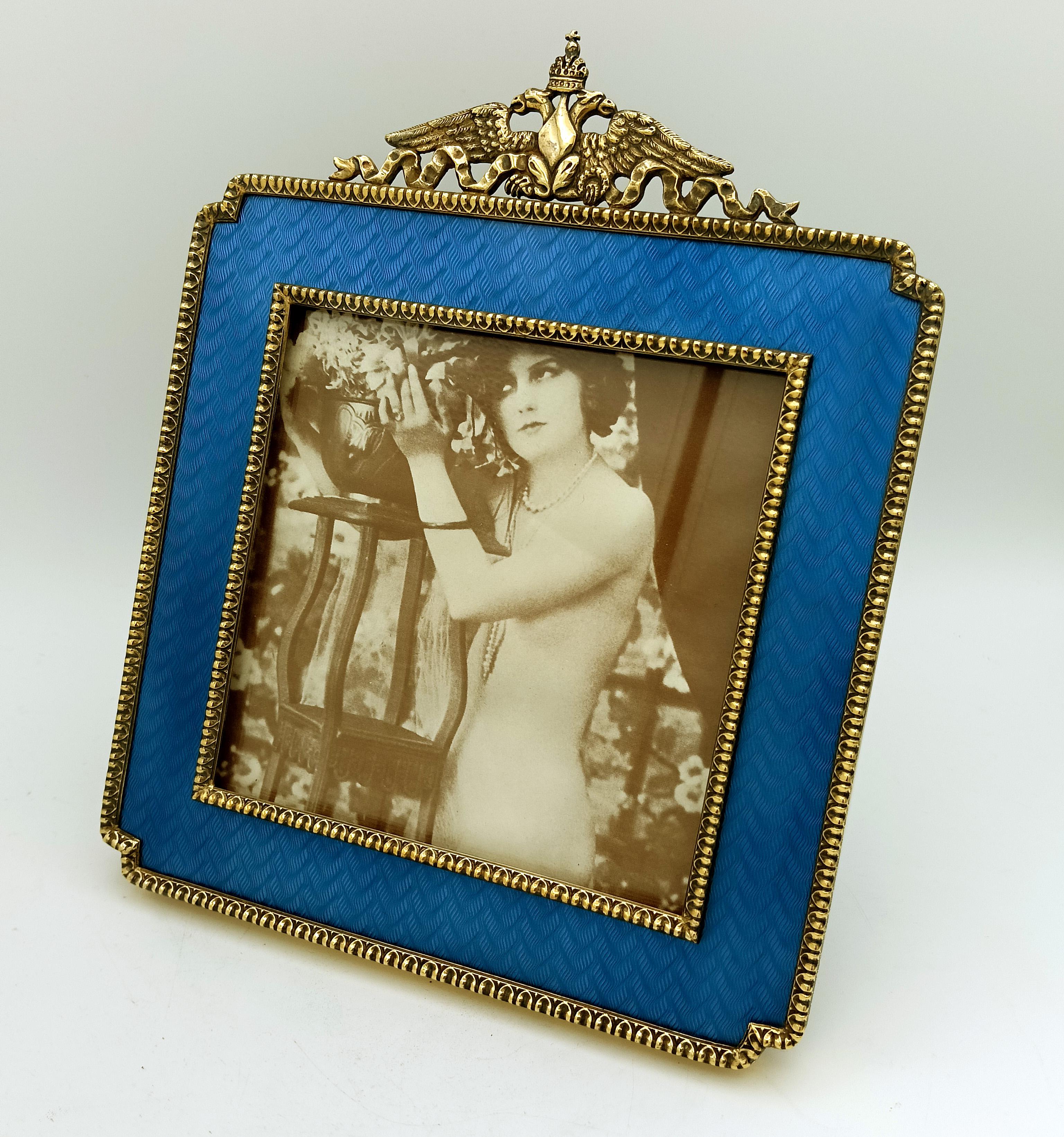 Napoleon III Picture frame Squared Empire style ornaments Enamel Sterling Silver Salimbeni For Sale