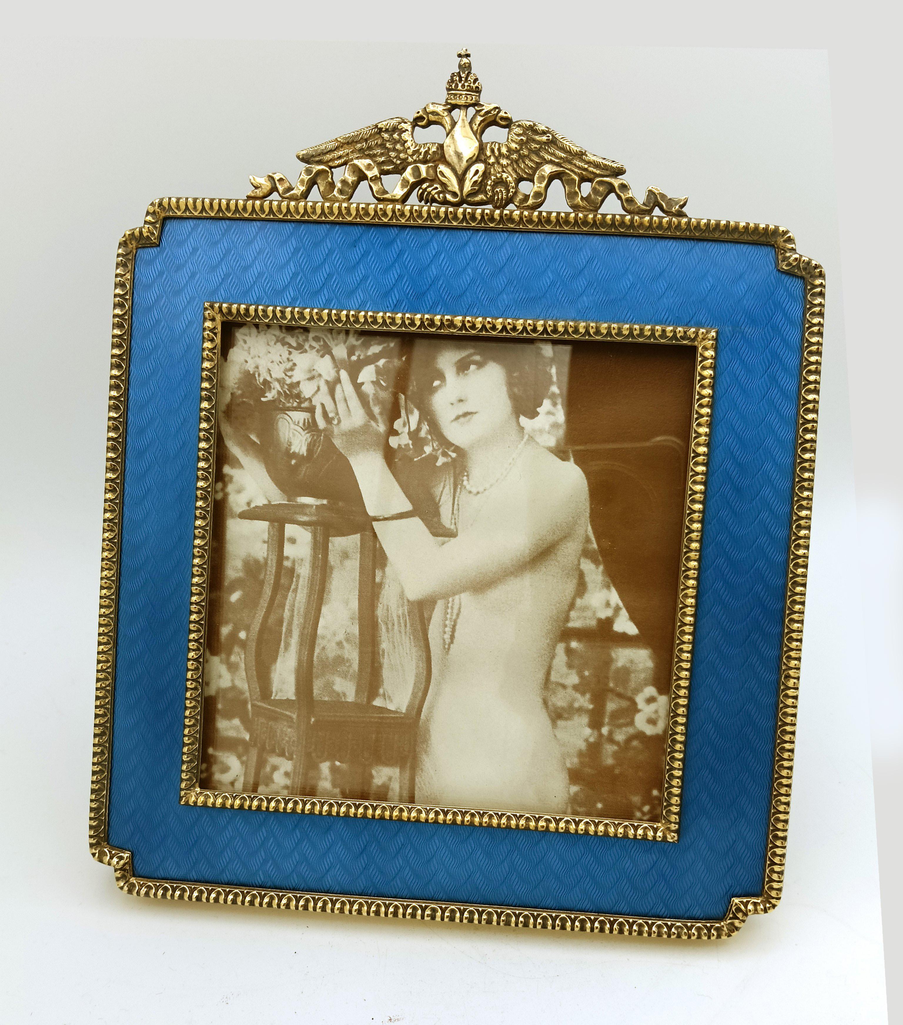 Italian Picture frame Squared Empire style ornaments Enamel Sterling Silver Salimbeni For Sale