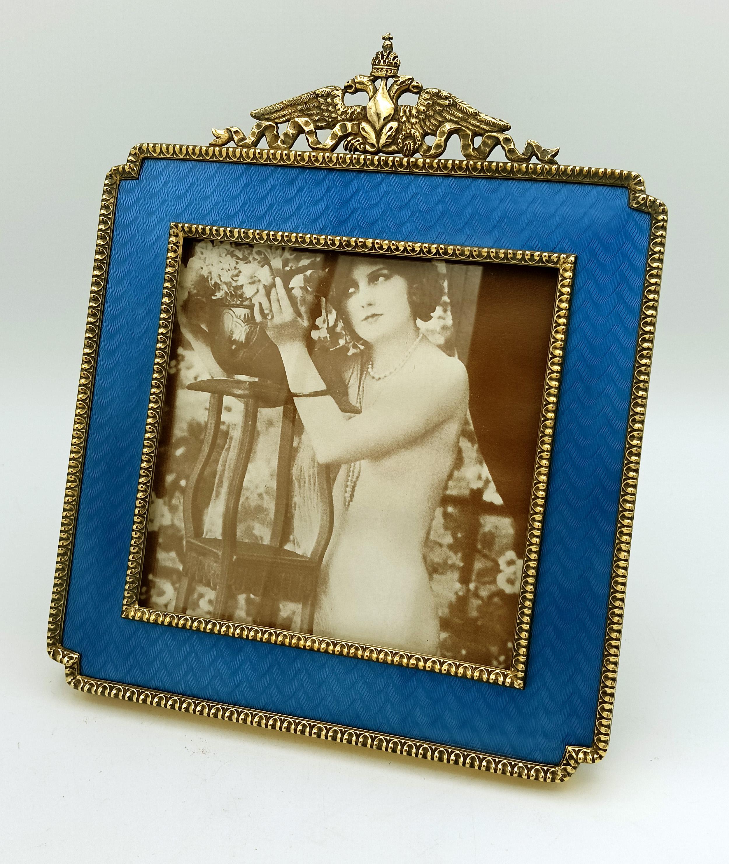 Hand-Carved Picture frame Squared Empire style ornaments Enamel Sterling Silver Salimbeni For Sale