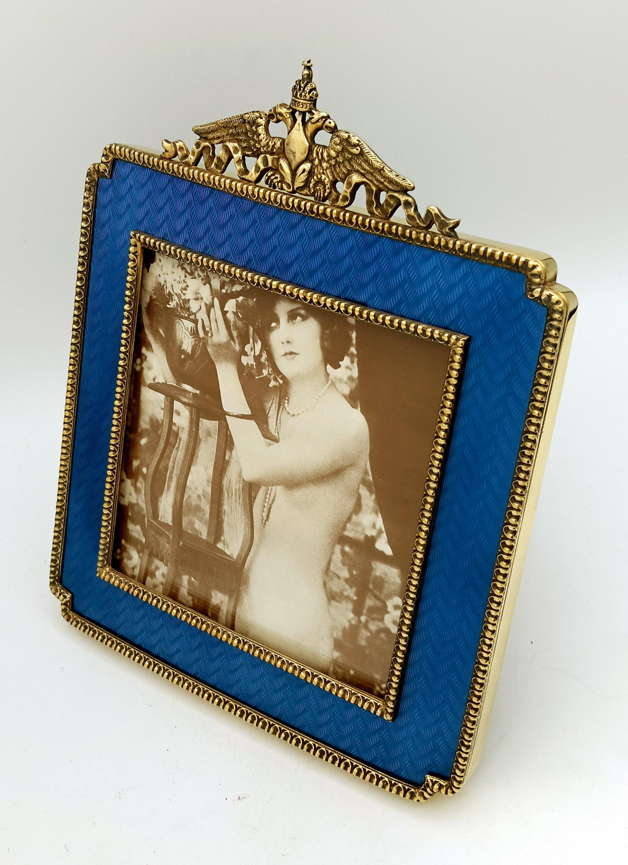 Late 20th Century Picture frame Squared Empire style ornaments Enamel Sterling Silver Salimbeni For Sale