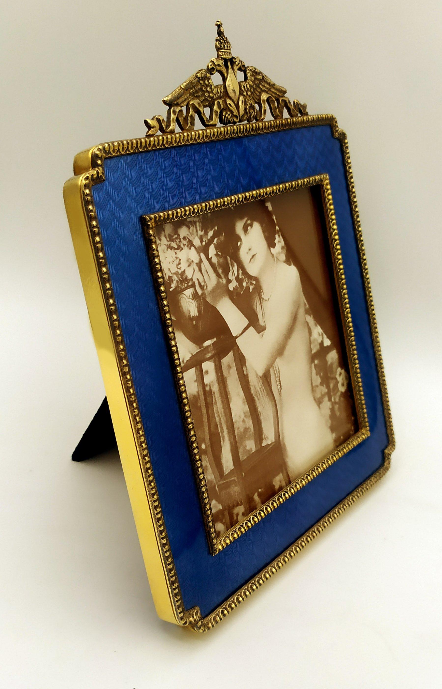 Gold Plate Picture frame Squared Empire style ornaments Enamel Sterling Silver Salimbeni For Sale