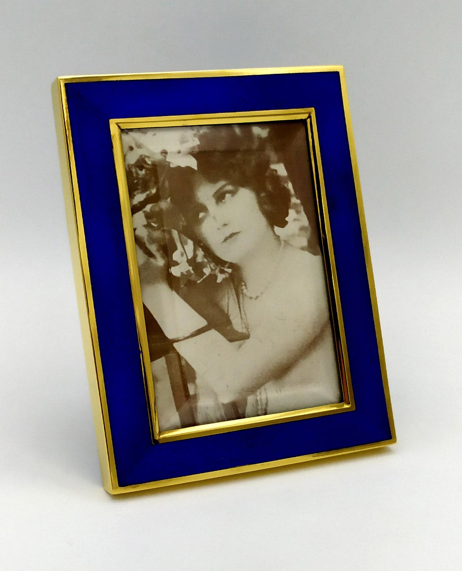 Marco de fotos Plata de ley Esmalte azul sobre guilloché Salimbeni Italiano en venta