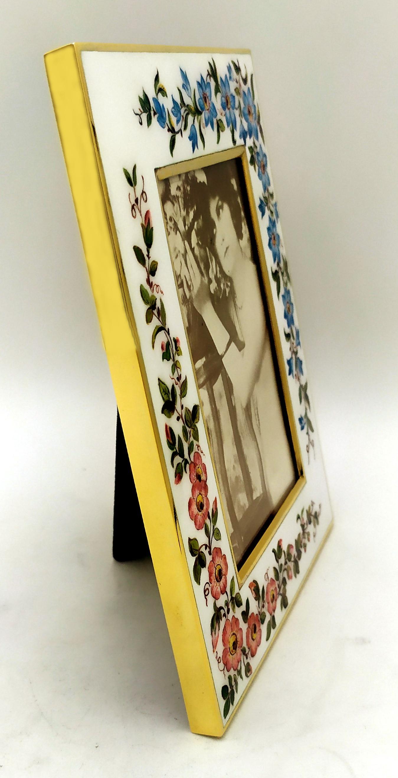 Art Nouveau Picture Frame White flowers hand painted miniature Sterling Silver Salimbeni For Sale