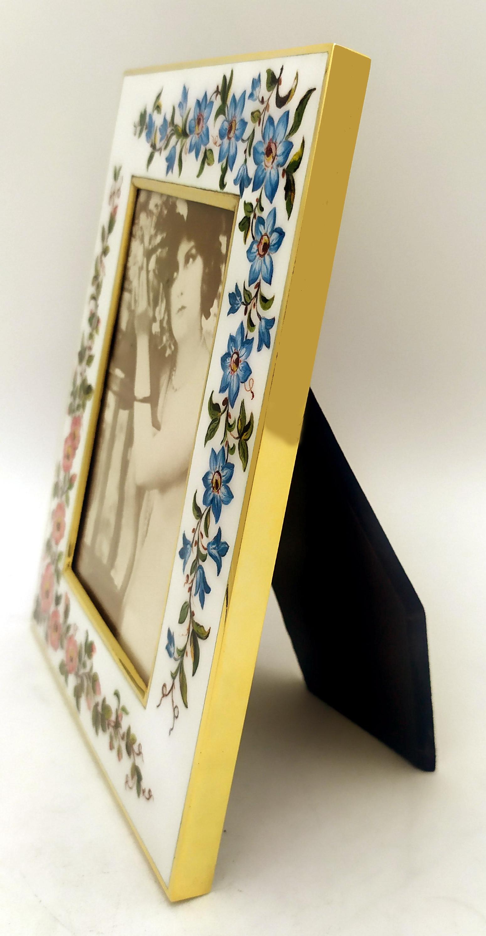 Italian Picture Frame White flowers hand painted miniature Sterling Silver Salimbeni For Sale
