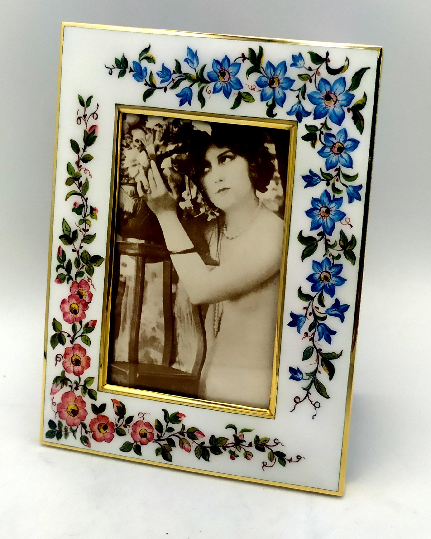 Late 20th Century Picture Frame White flowers hand painted miniature Sterling Silver Salimbeni For Sale