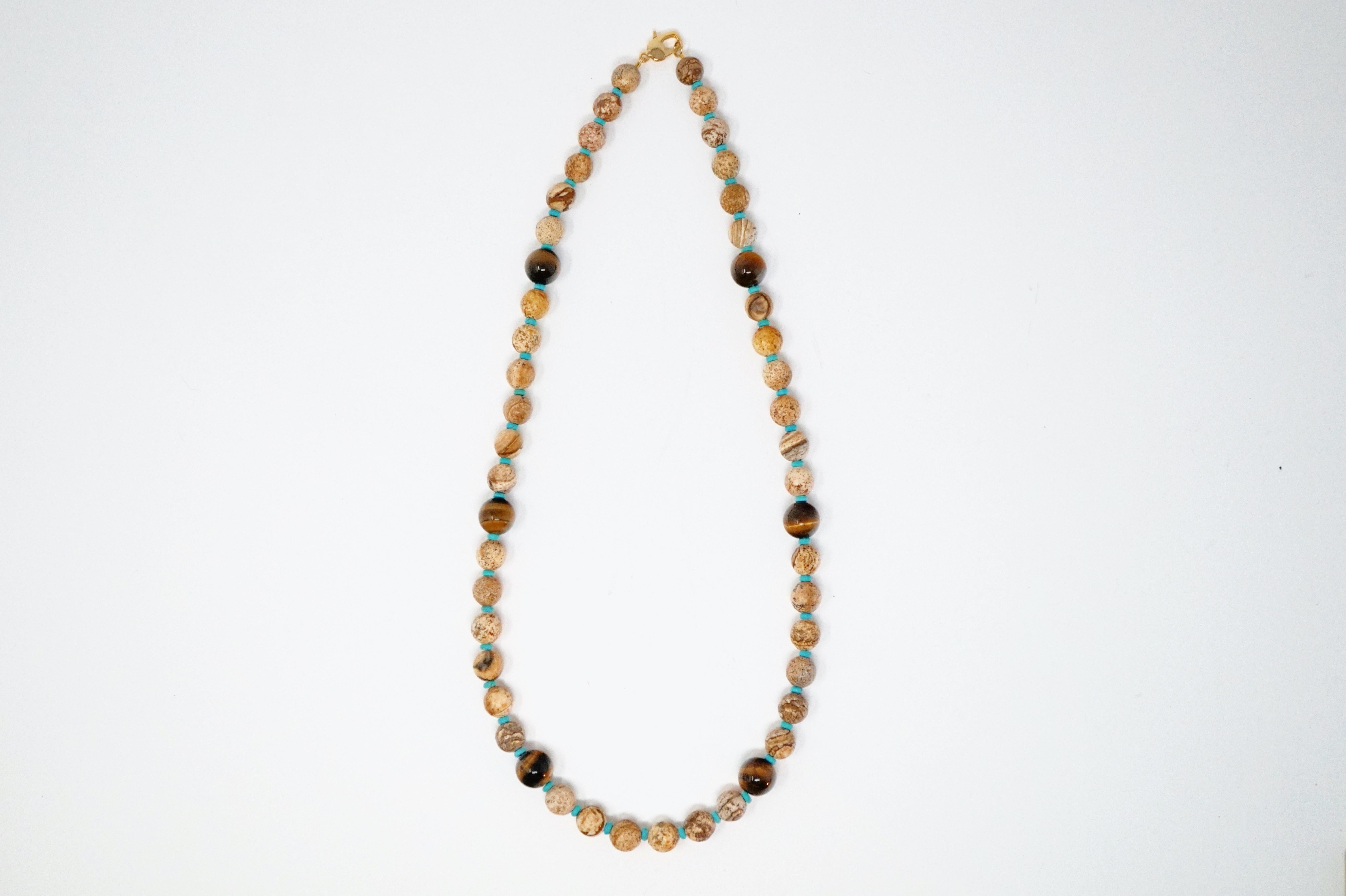 Modern Picture Jasper, Turquoise and Tiger's Eye Gemstone Necklace