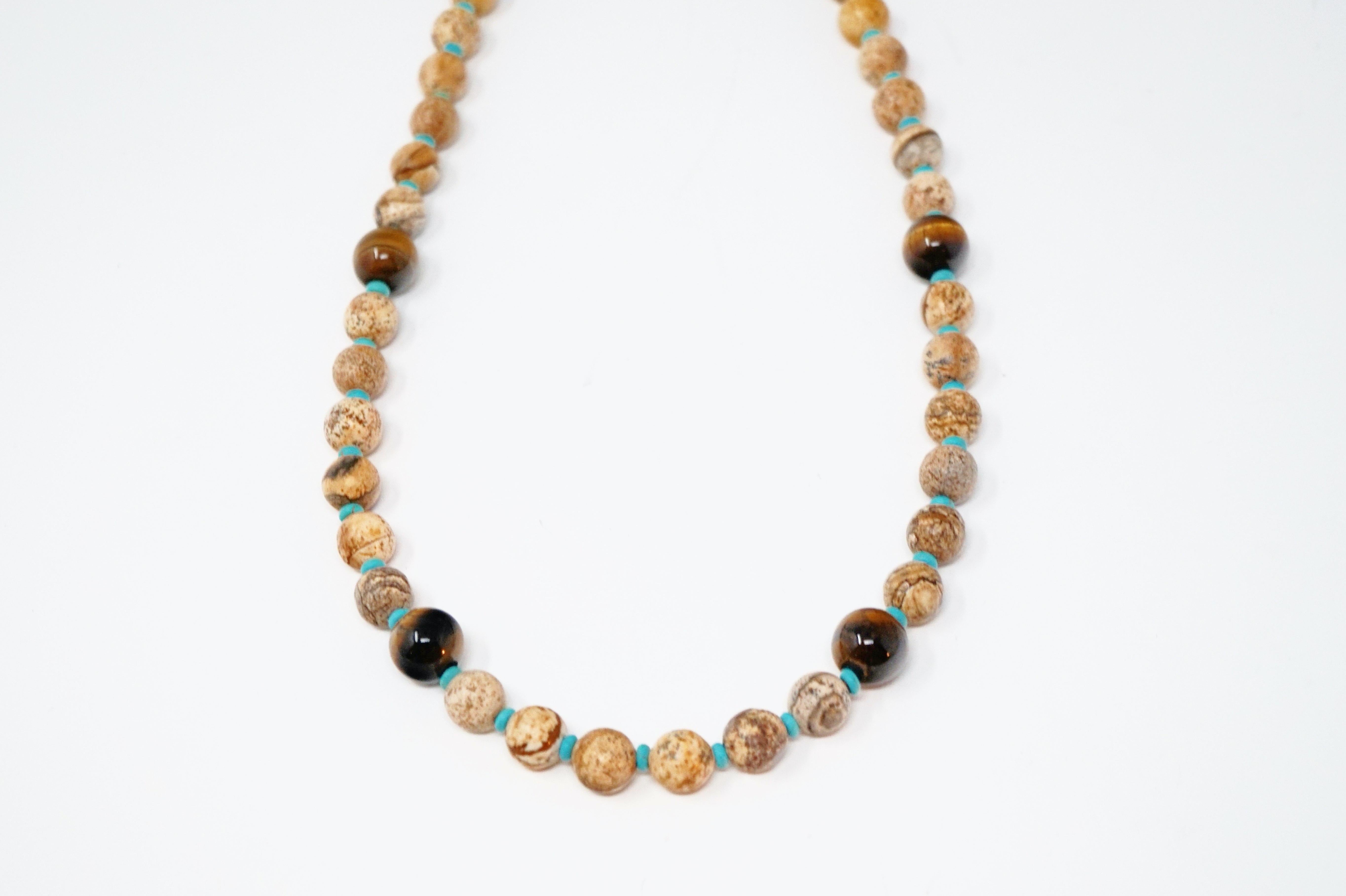 Picture Jasper, Turquoise and Tiger's Eye Gemstone Necklace In New Condition In McKinney, TX