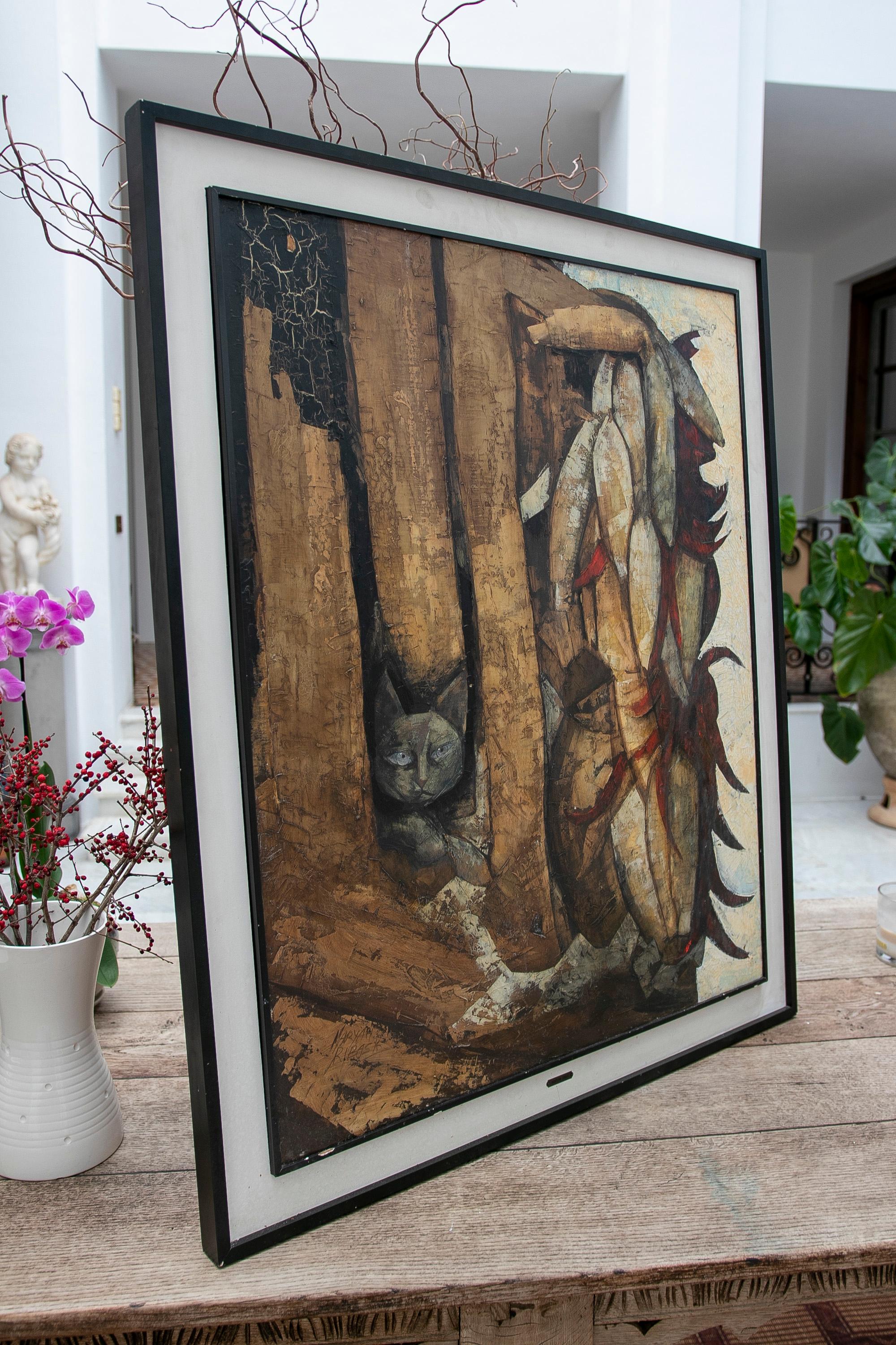 Picture painted by Maryan Ribas Sicilia born in 1925, with the theme of a cat among plants, signed.
Measurements with frame: 115x96x4cm