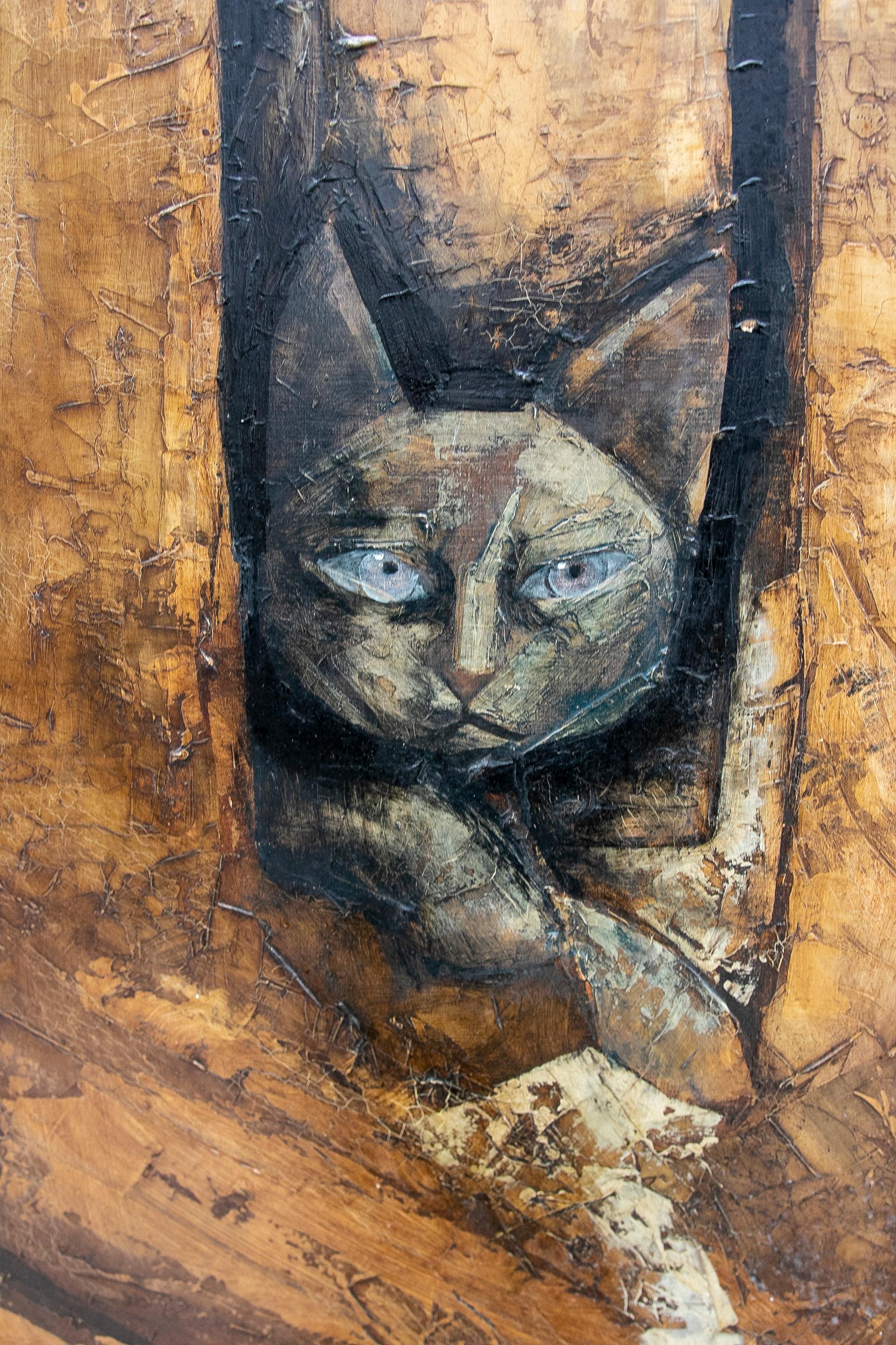 Cuadro Pintado por Maryan Ribas Sicilia con Tema Gato entre Plantas Europeo en venta
