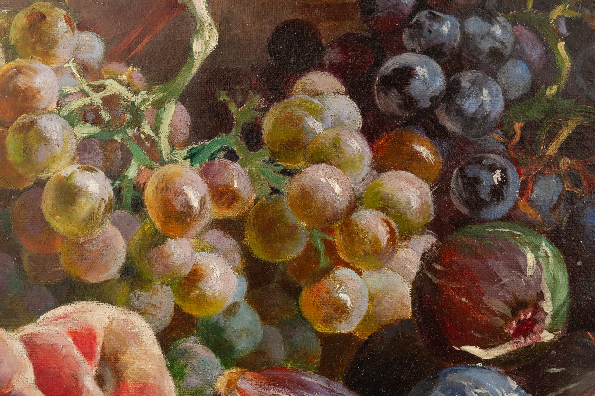 Canvas Antique Painting with Peaches, Figs and Grapes For Sale