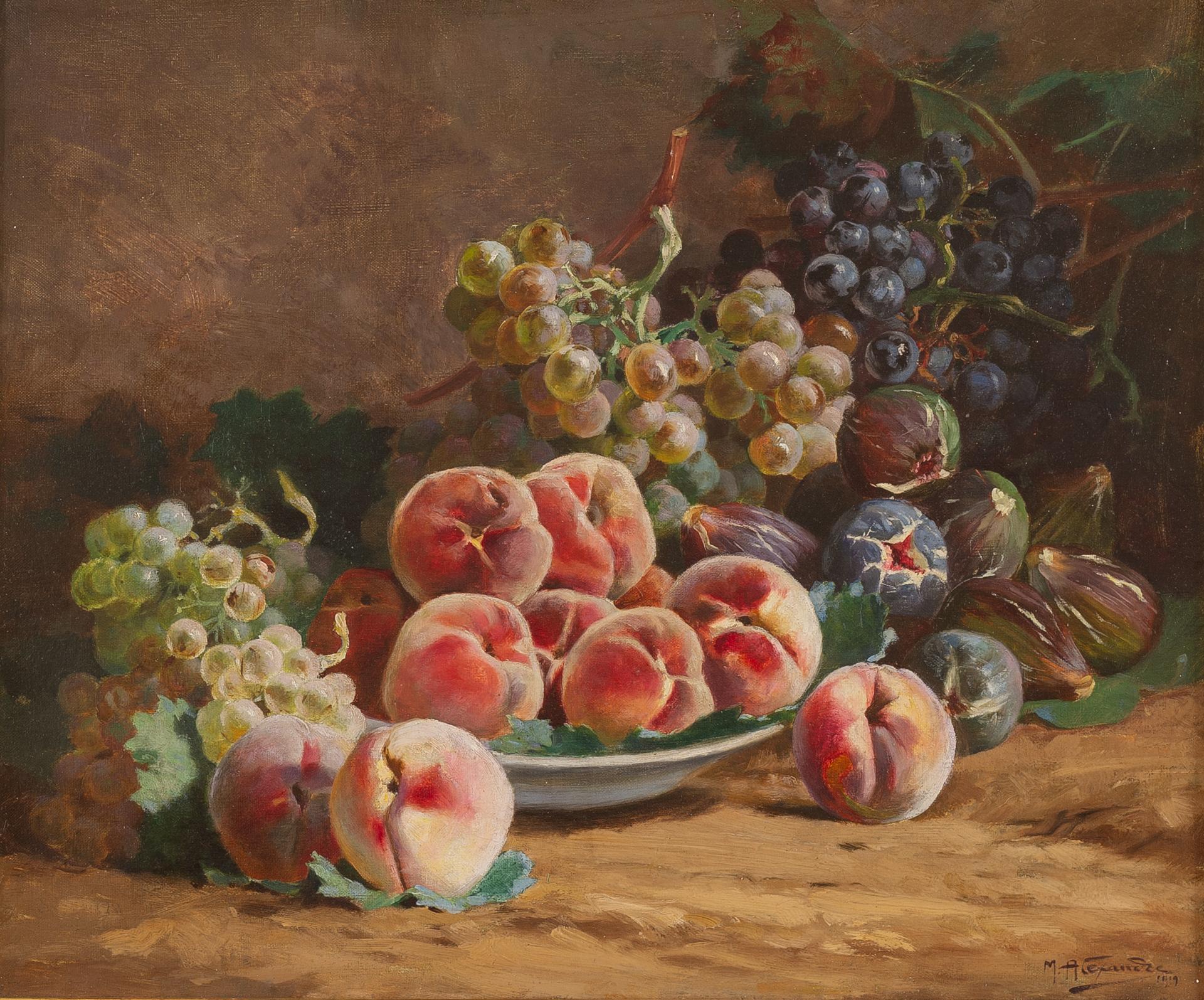 Picture with peaches, figs and grapes : painted and signed by Marie Alexandre , born in France in 1880. This painting is dated 1919 .
Some restorations in the canvas do not affect the painting. Let's not forget that there were two world wars in