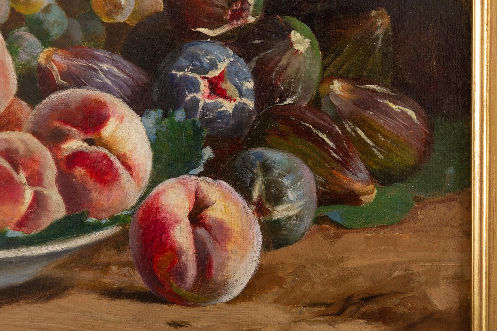 Hand-Painted Antique Painting with Peaches, Figs and Grapes For Sale