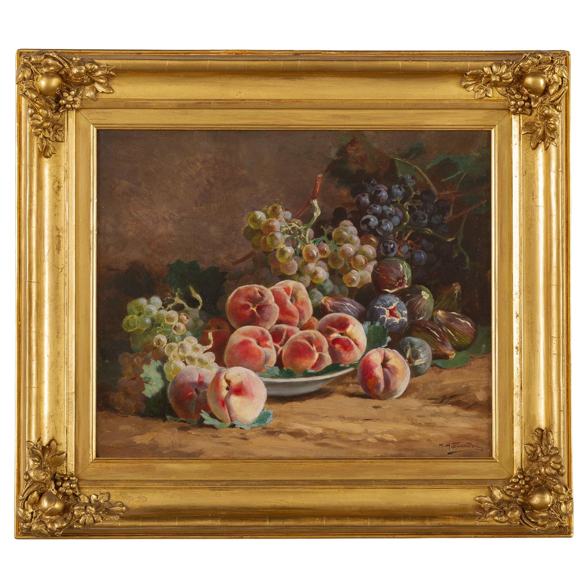 Antique Painting with Peaches, Figs and Grapes For Sale