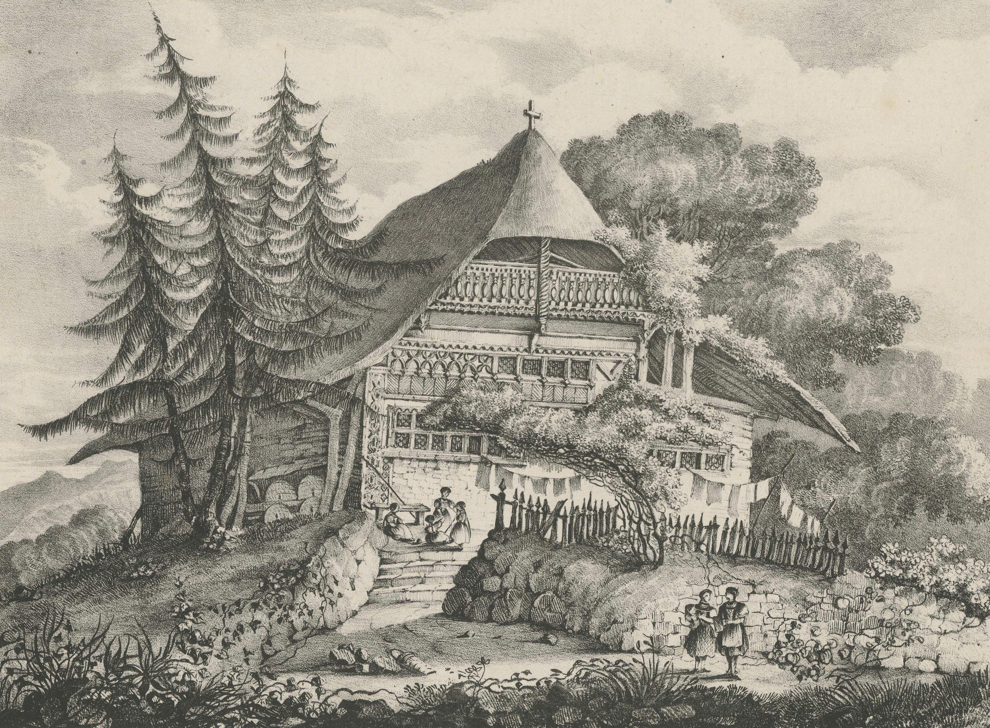 Picturesque Swiss Alpine Cottage Landscape Lithograph, Hullmandel c.1830