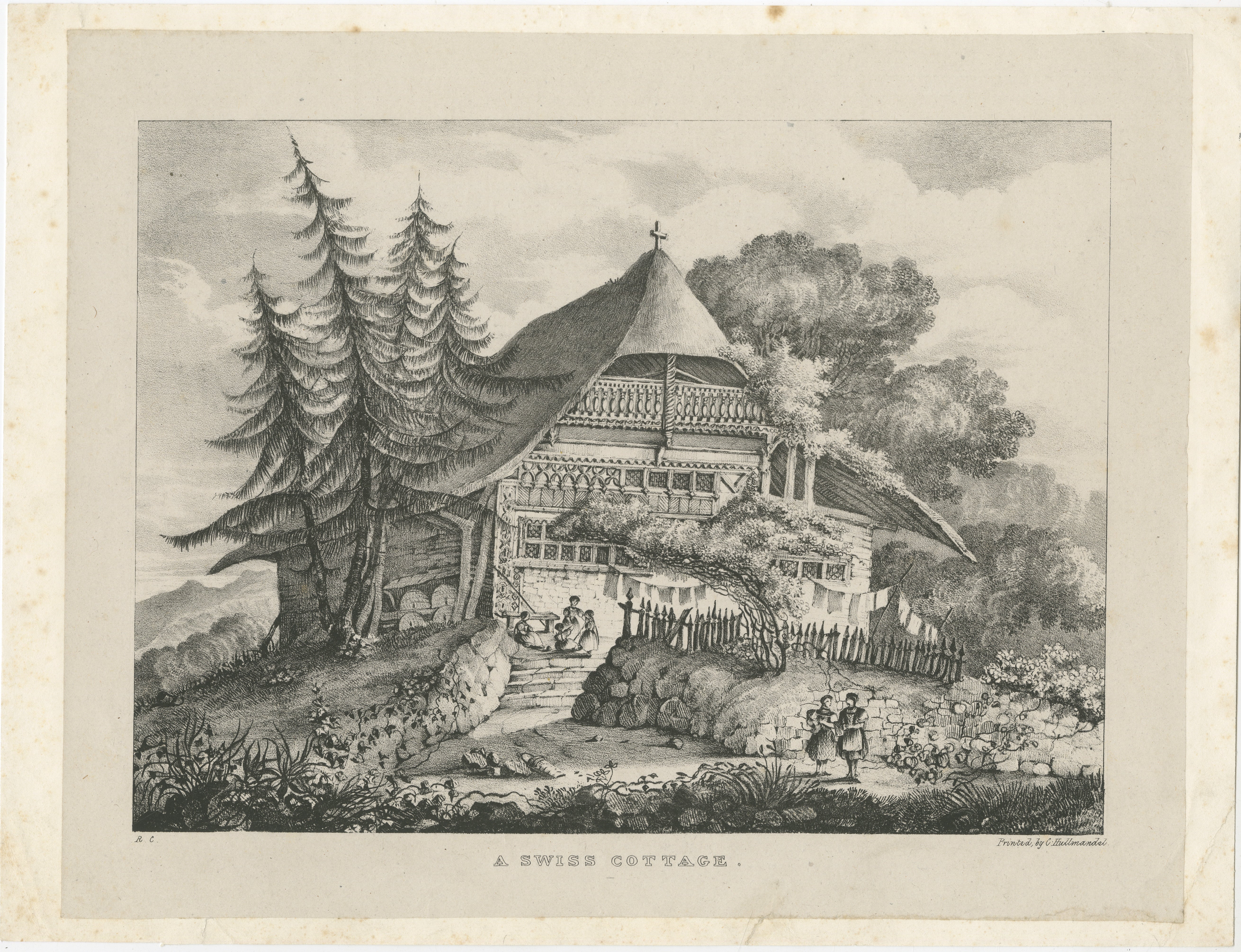Picturesque Swiss Alpine Cottage Landscape Lithograph, Hullmandel c.1830
