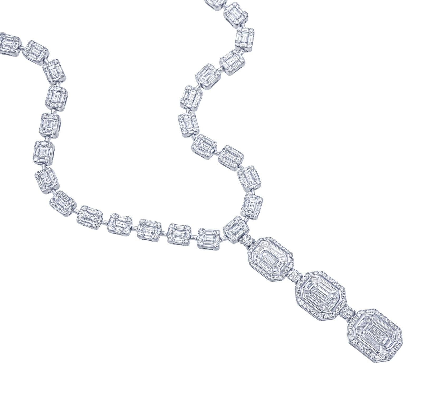 Diamant-Halskette mit 12,50 Karat Diamanten im Pie-Schliff, Diamant-Tropfen- und Smaragd- Illusion rund um Diamanten (Kunsthandwerker*in) im Angebot