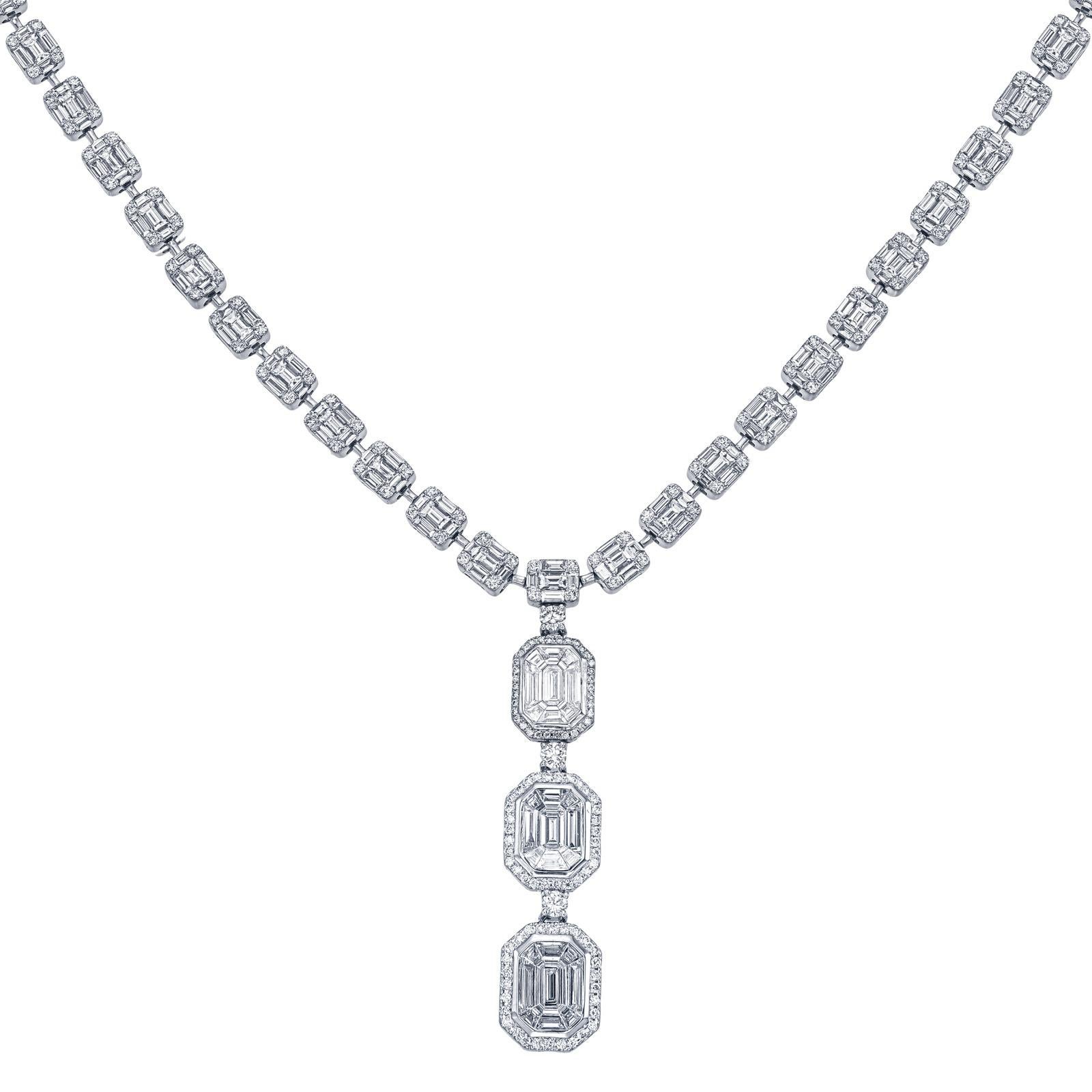 Diamant-Halskette mit 12,50 Karat Diamanten im Pie-Schliff, Diamant-Tropfen- und Smaragd- Illusion rund um Diamanten (Baguetteschliff) im Angebot