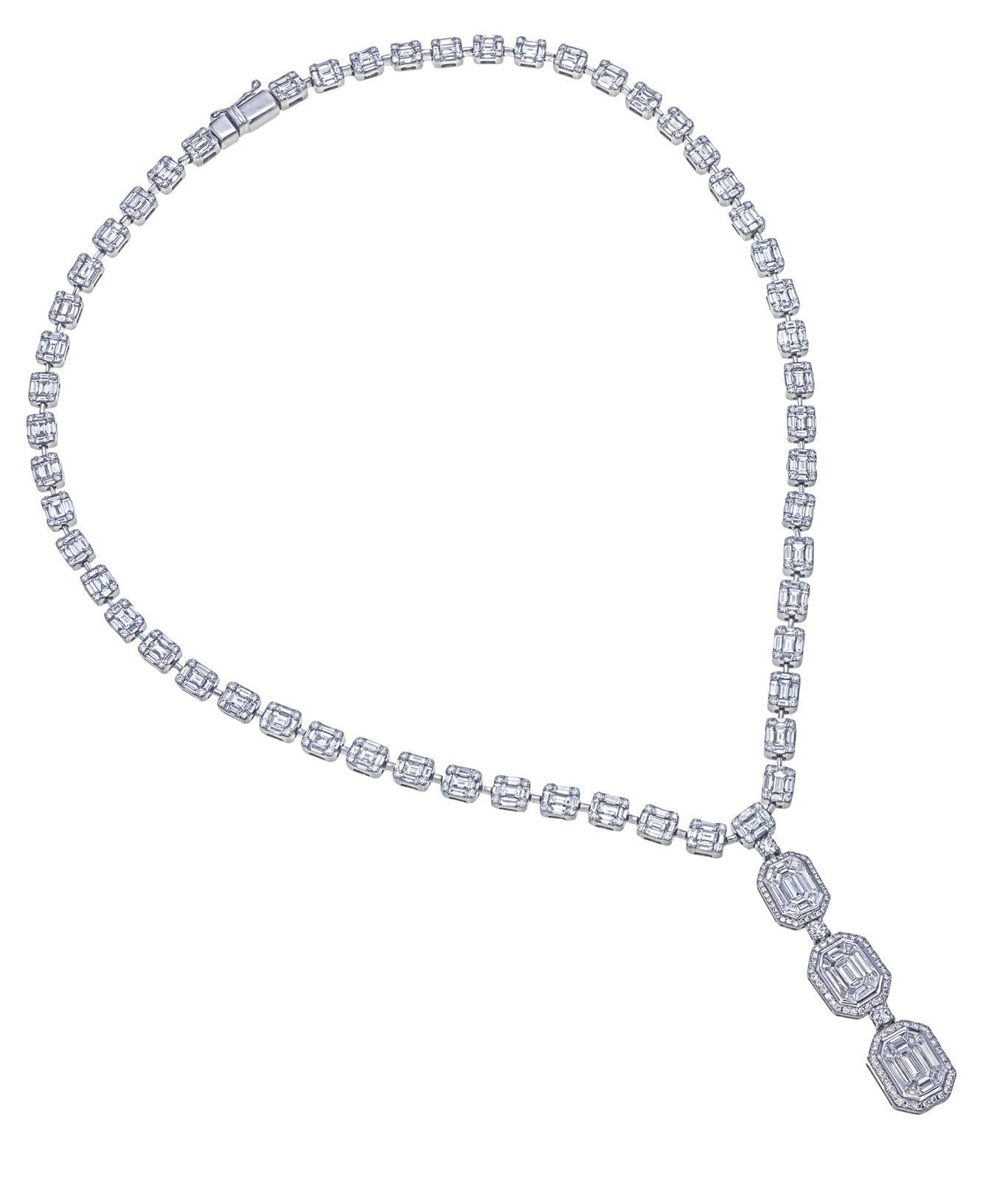 Diamant-Halskette mit 12,50 Karat Diamanten im Pie-Schliff, Diamant-Tropfen- und Smaragd- Illusion rund um Diamanten Damen im Angebot