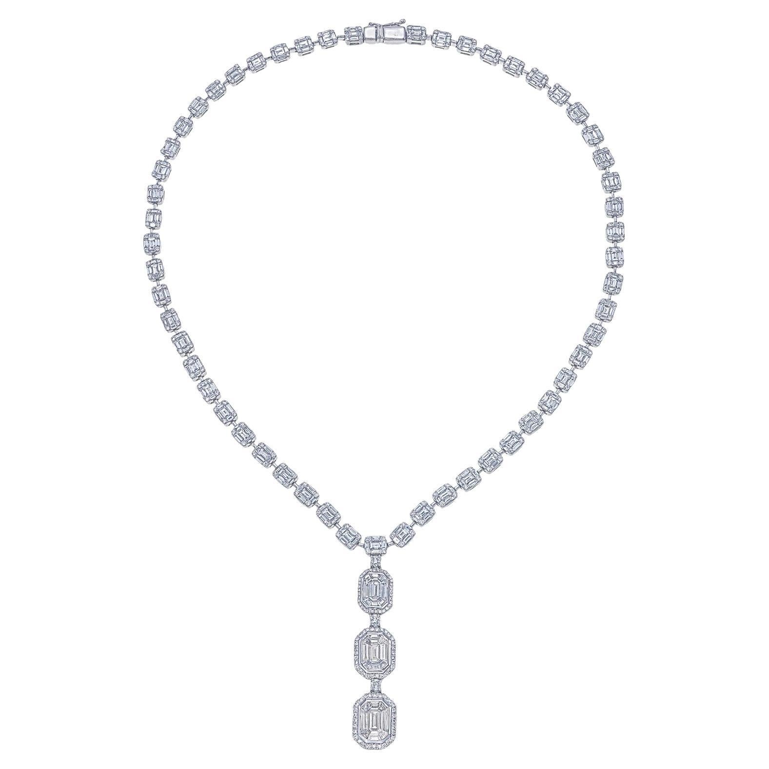 Diamant-Halskette mit 12,50 Karat Diamanten im Pie-Schliff, Diamant-Tropfen- und Smaragd- Illusion rund um Diamanten