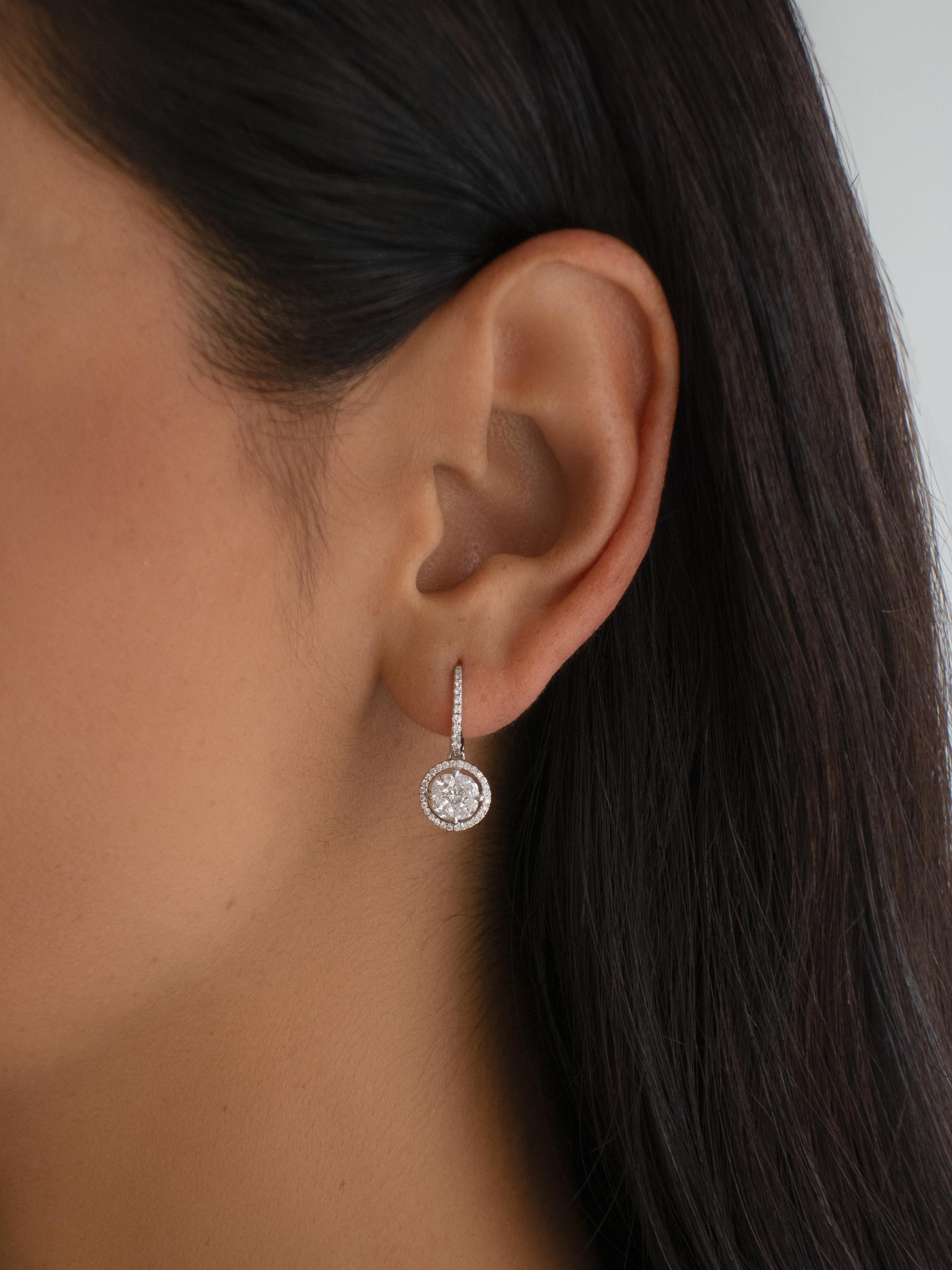 Round Cut Pie Cut  Natural Diamond Halo Dangle Earrings in 18k White Gold For Sale