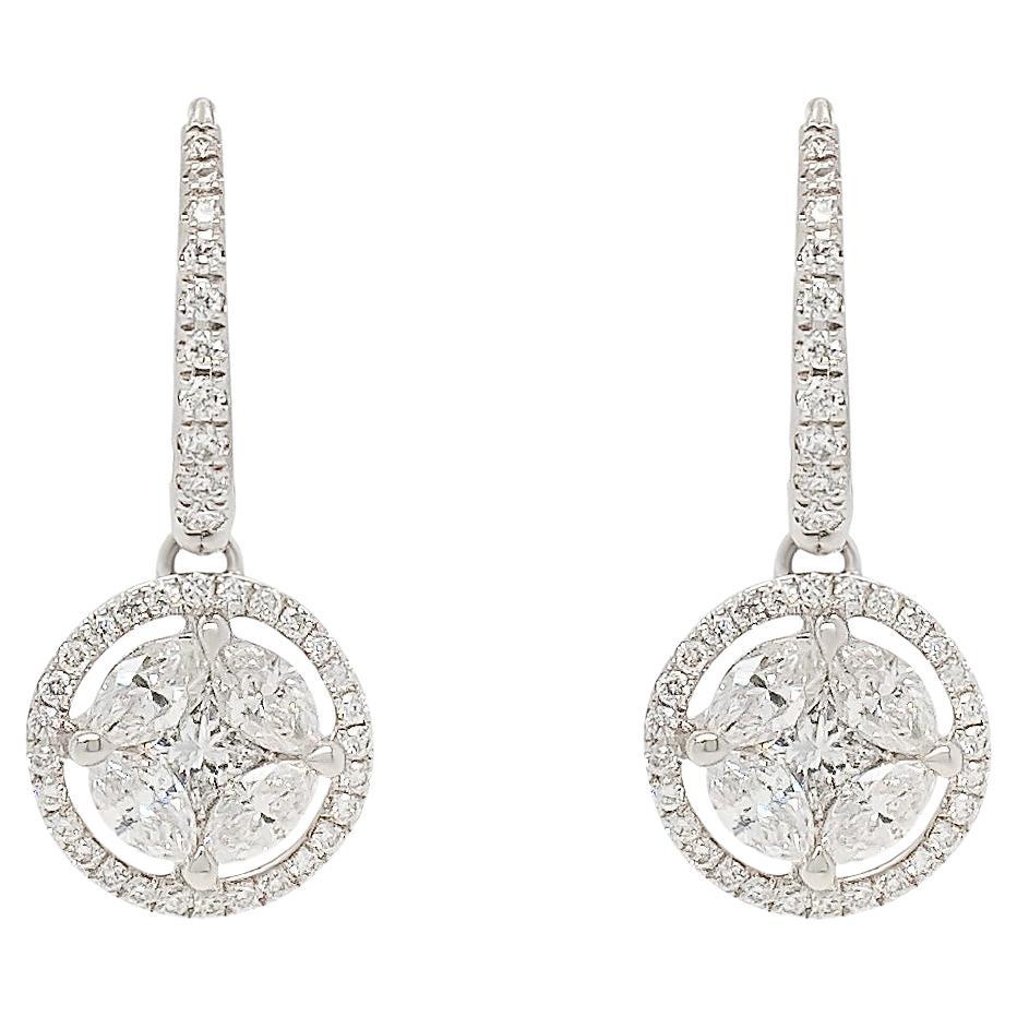 Pie Cut  Natural Diamond Halo Dangle Earrings in 18k White Gold For Sale