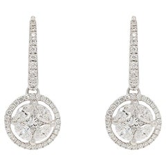 Pie Cut  Natural Diamond Halo Dangle Earrings in 18k White Gold