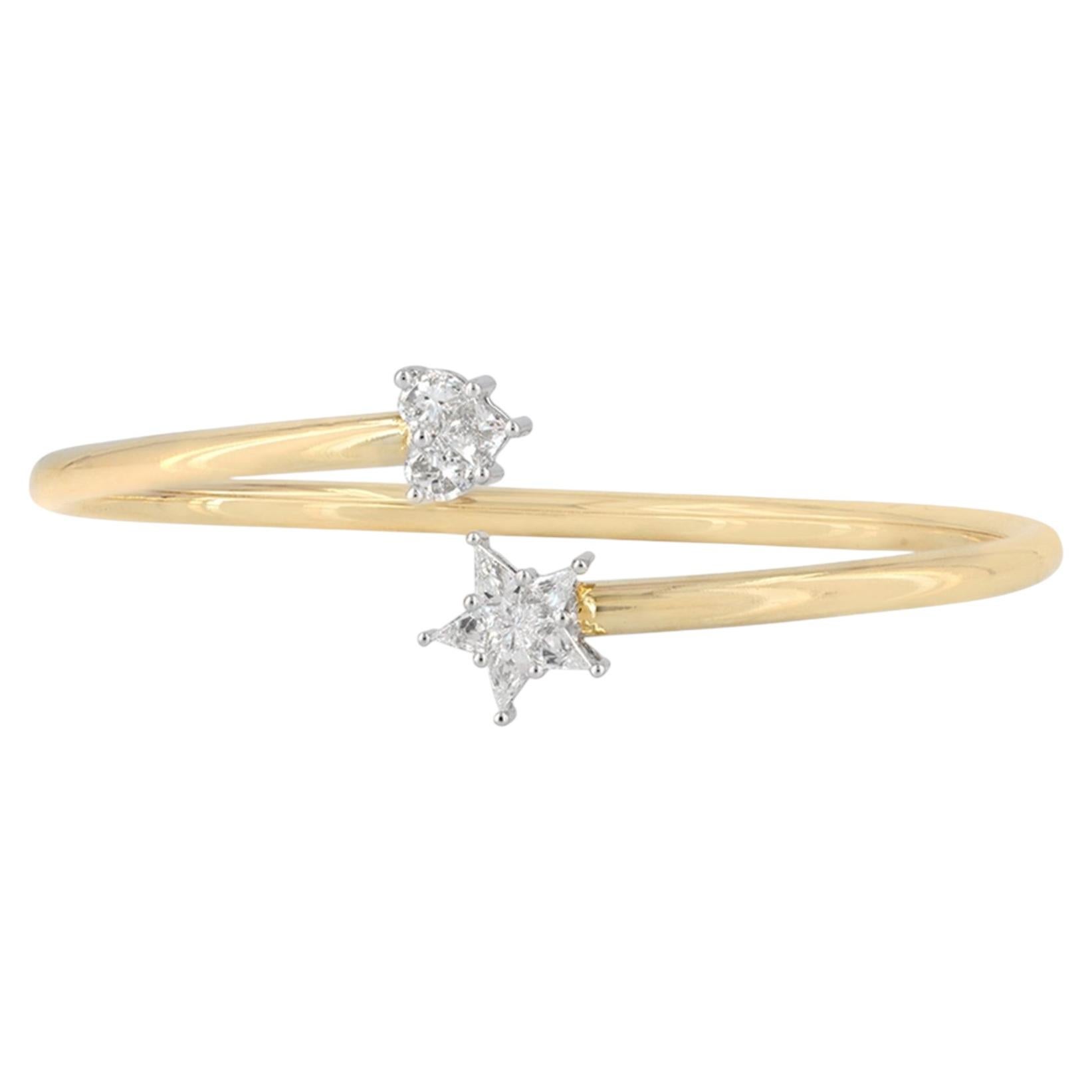 Pie Cut Natural Diamond Heart Star Charm 14k Gold Sleek Bangle Jewelry For Sale
