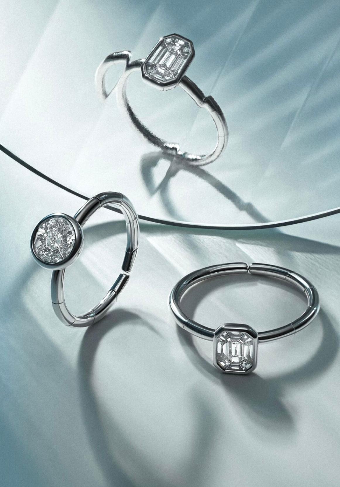 Bague exclusive pour elle en or blanc avec diamants de forme ronde taillés en camembert en vente 1