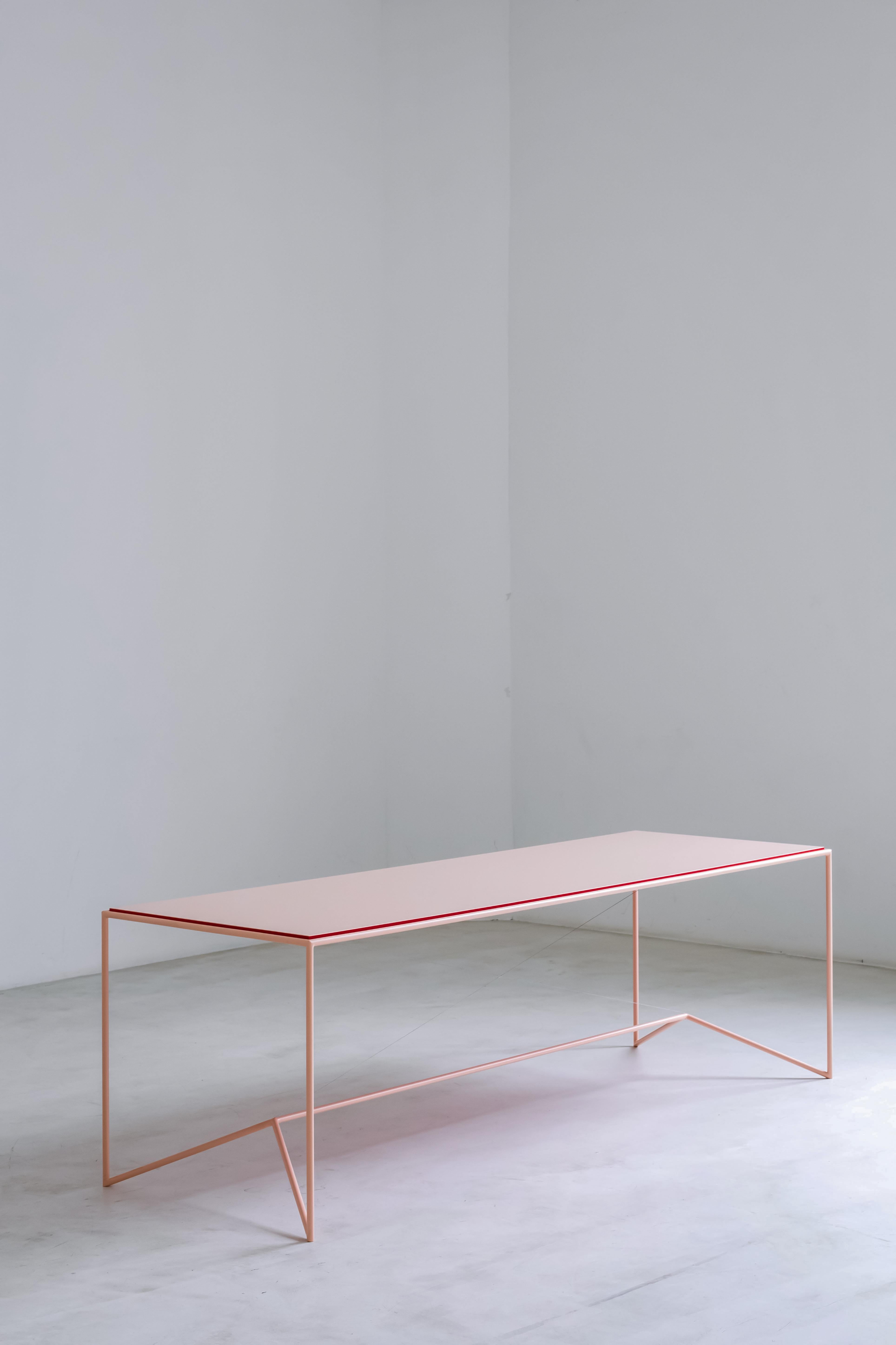 Piece large pink and red table by Maria Scarpulla
Dimensions: D 240 x W 80 x H 75 cm
Materials: Lacquered steel and a lacquered sustainable eco mdf/zf wood.
Also available in different colours, dimensions and combinations. 

It’s the earth of