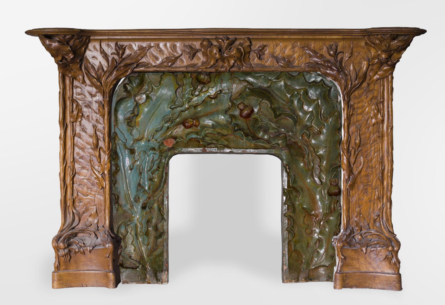 This exceptional Art Nouveau style pine and burr paneled room is beautifully carved and decorated with blue-green ceramics. Panels with elegant curved and sober lines are covering the bottom of the walls and harmonize the room to its center; a