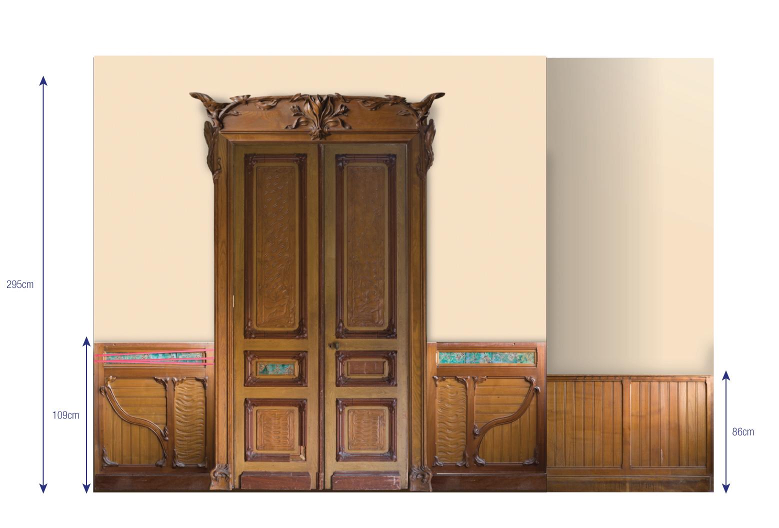 French Art Nouveau paneling in Walnut with a wood Fireplace with Ceramic For Sale
