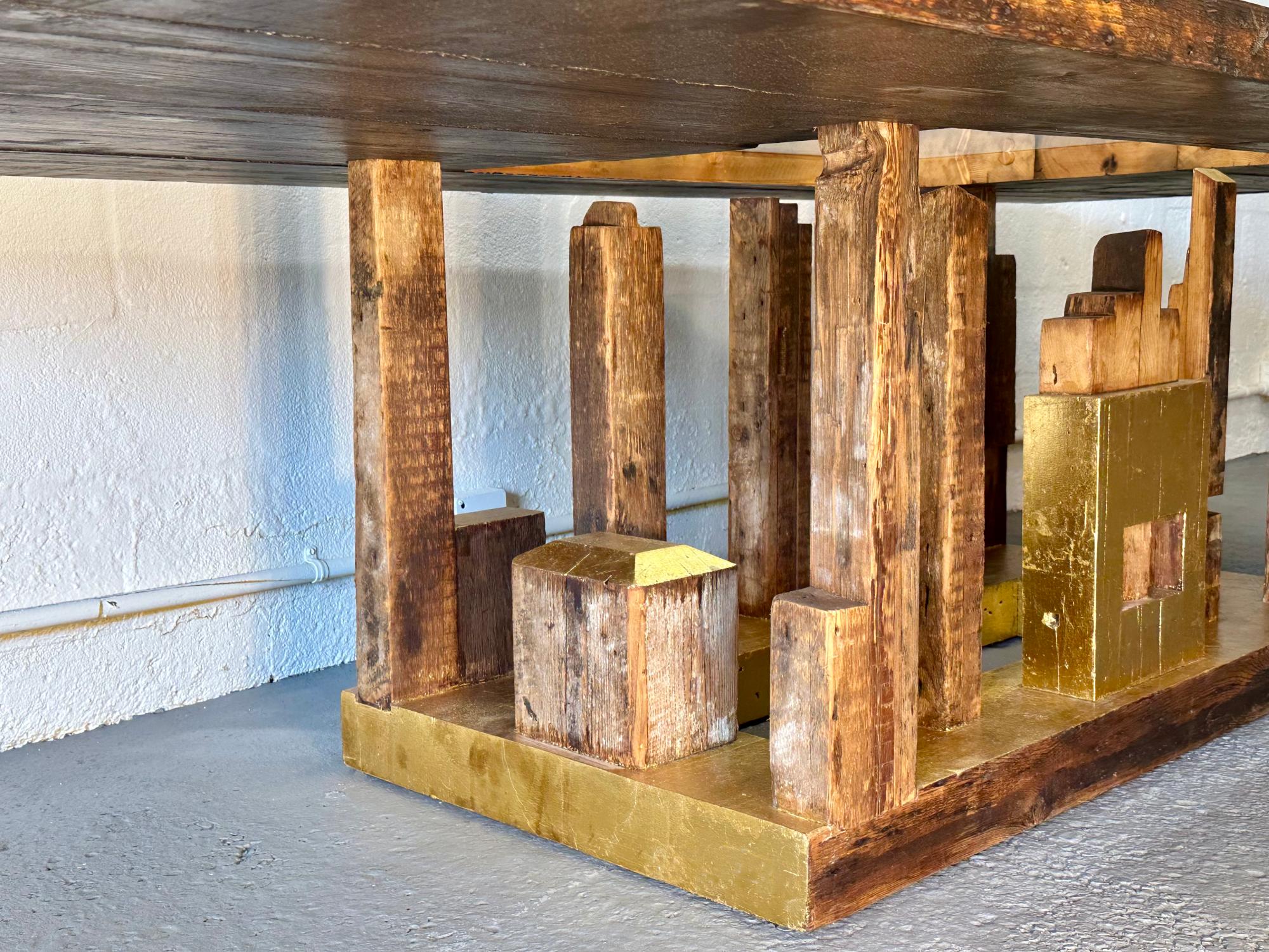Gilt Piece of New York Dining Table in Reclaimed Wood, Handcrafted by Rafael Calvo For Sale