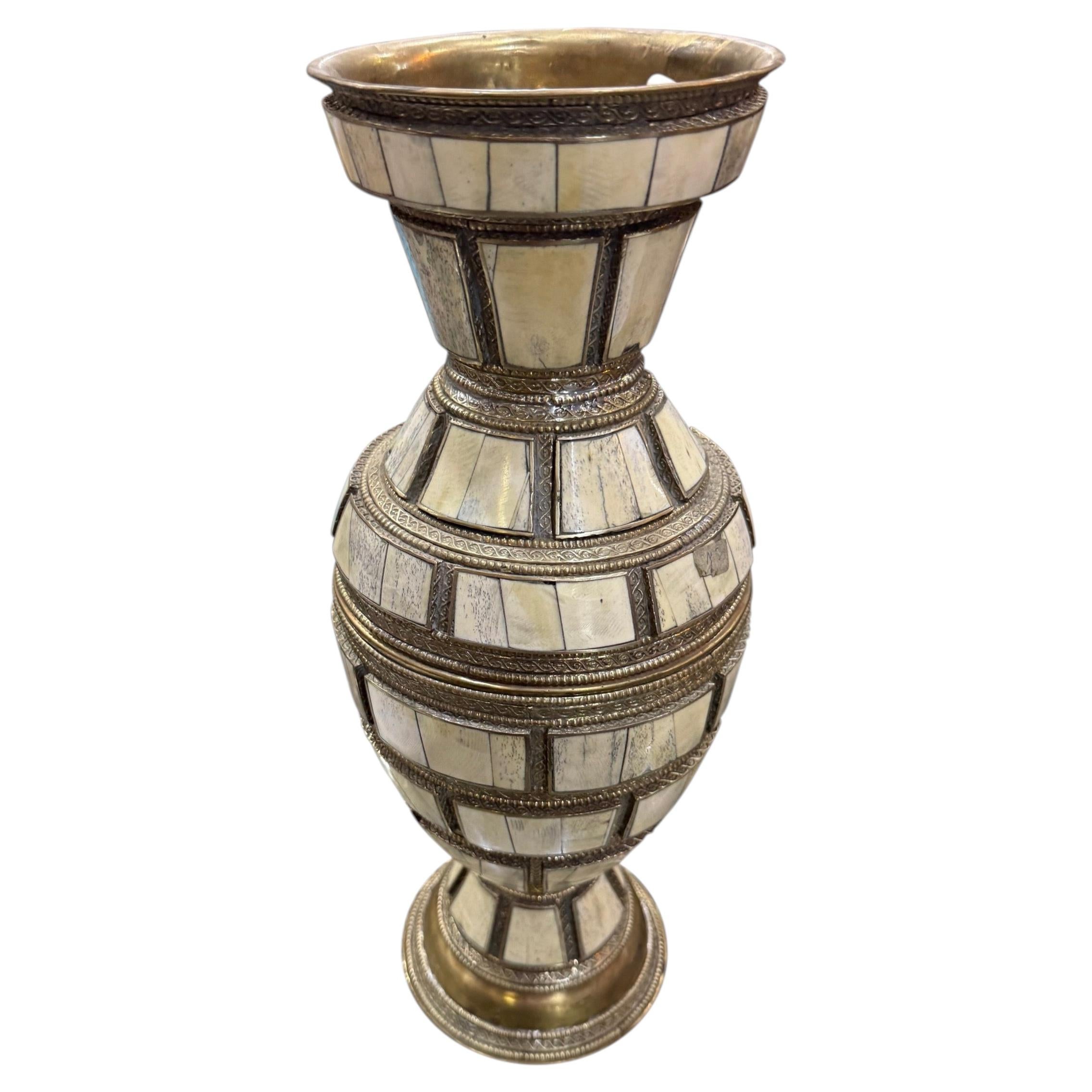 19th Century Moroccan Vase with Bone and Silver Brass Inlay, 17.5" Tall For Sale