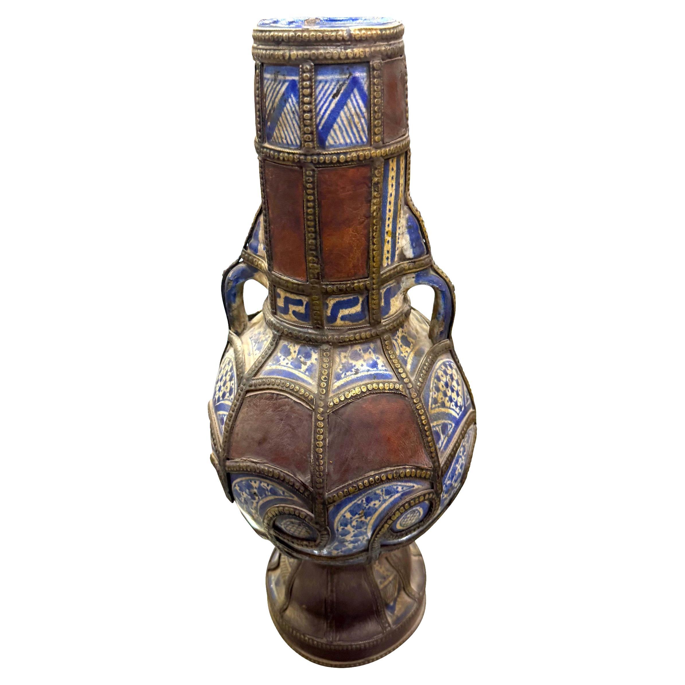 19th Century Moroccan Vase, Leather and Brass Trim, Decorative Art