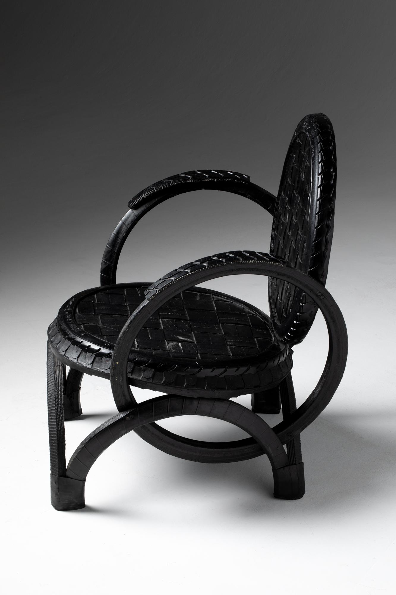 Leather Pieces of Pneumatics turned into an Assembled Arm Chair For Sale