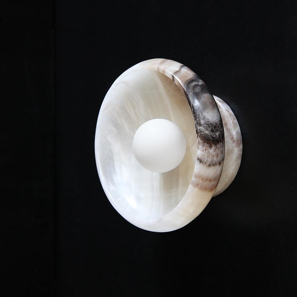 Mexican Sconce in Hand Carved Black and White Onyx, Piedra Lighting Collection For Sale