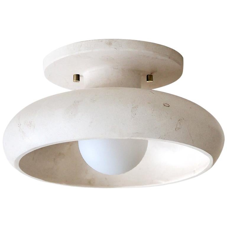 Semi Flush Mount in Hand Carved Travertine Marble, Piedra Lighting Collection For Sale