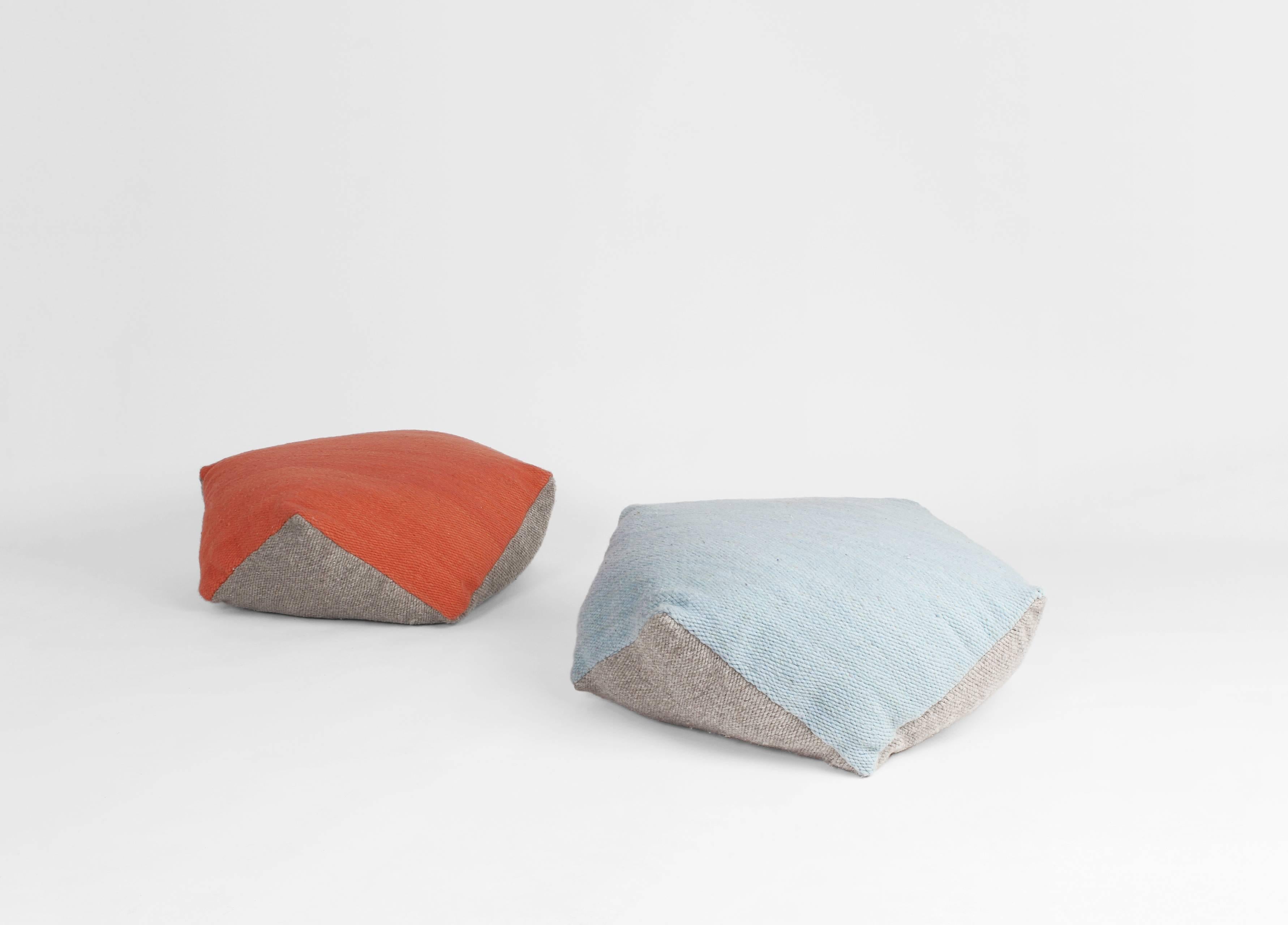 “Inspired by the softness of the wool and the possibilities to create volumes through planes hand woven in pedal loom we designed this comfortable pouf with its versatile shape and the hand dyeing of the wool that allows to make different