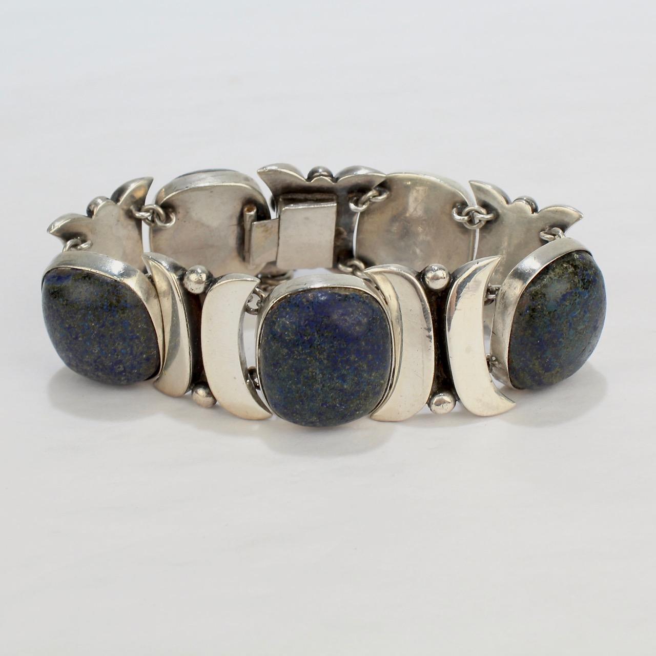 Modernist Piedra Y Plata Sterling Silver and Sodalite Mexican Bracelet by Felipe Martinez For Sale