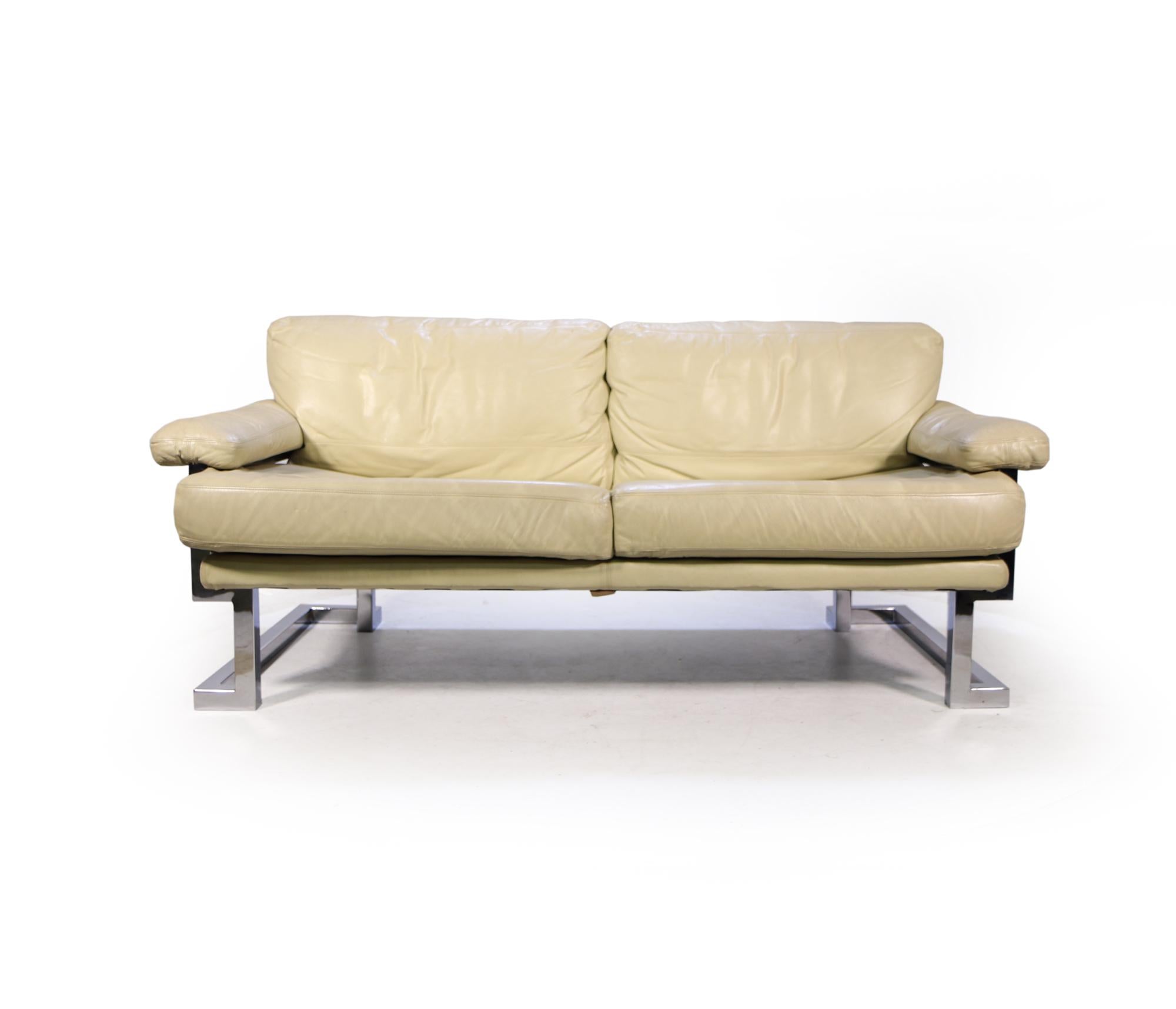 Pieff Mandarin Two Seat Sofa in Cream Leather and Chrome 4